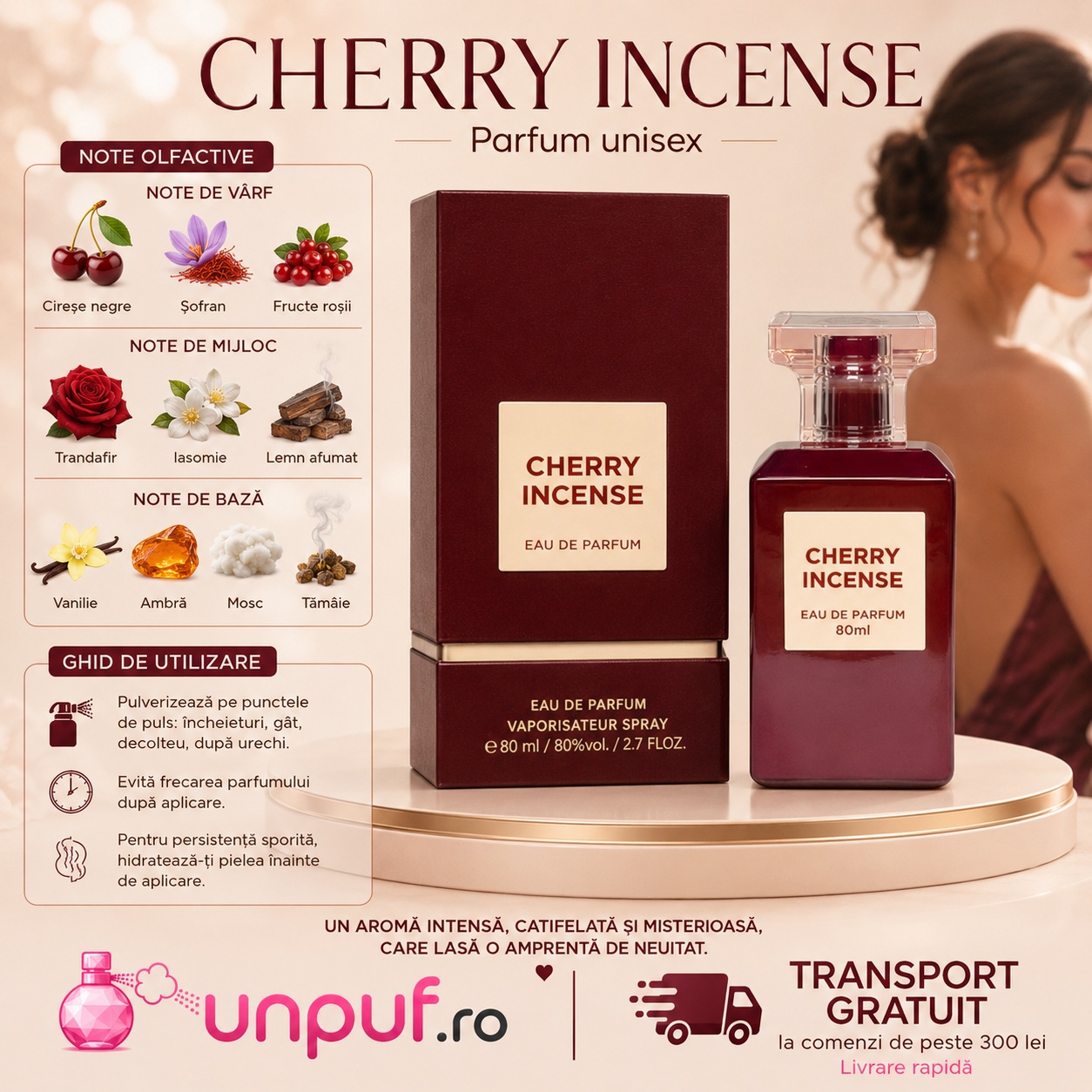 Cherry Incense note olfactive și ghid de utilizare cu cireșe negre, șofran, trandafir, iasomie, vanilie, ambră, mosc și tămâie