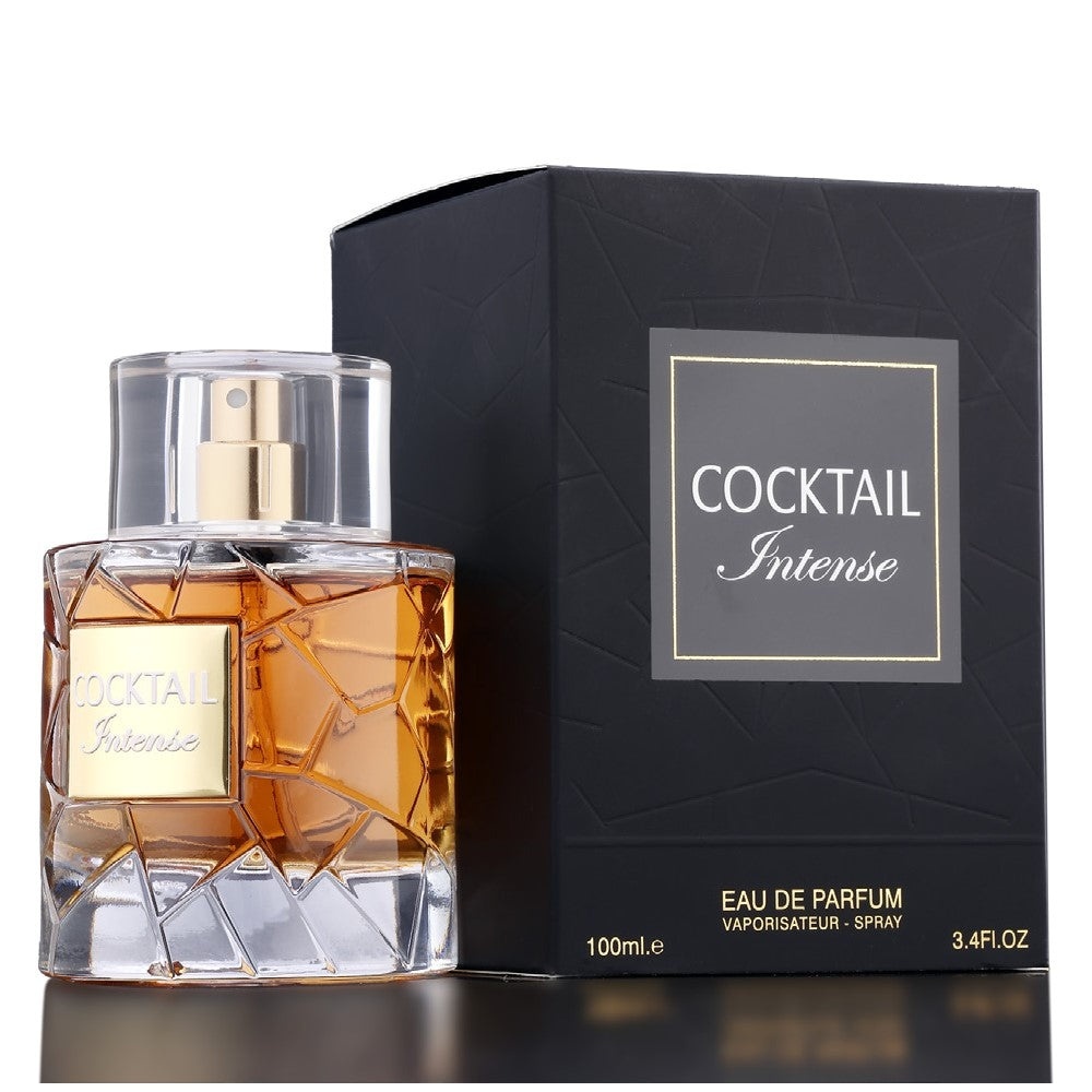 Parfum Fragrance World Cocktail Intense 100 ml imagine produs pe fundal alb cu flacon și cutie