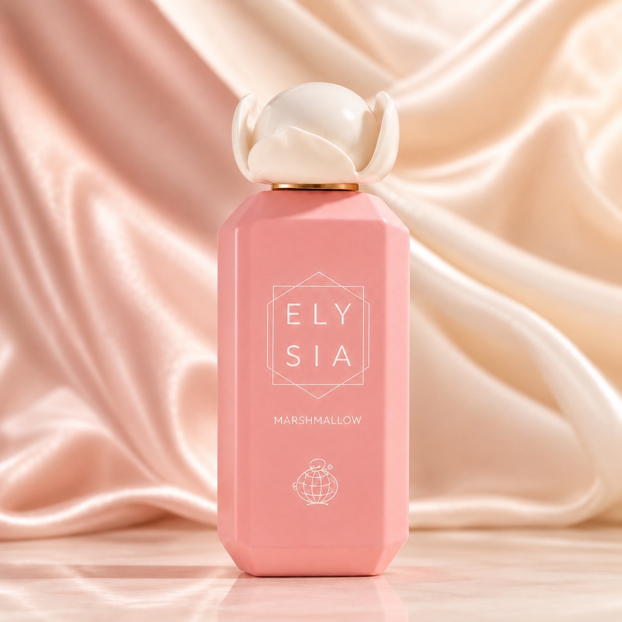 Flacon Elysia Marshmallow Fragrance World 100 ml Apă de Parfum pentru damă cu design roz și capac floral alb