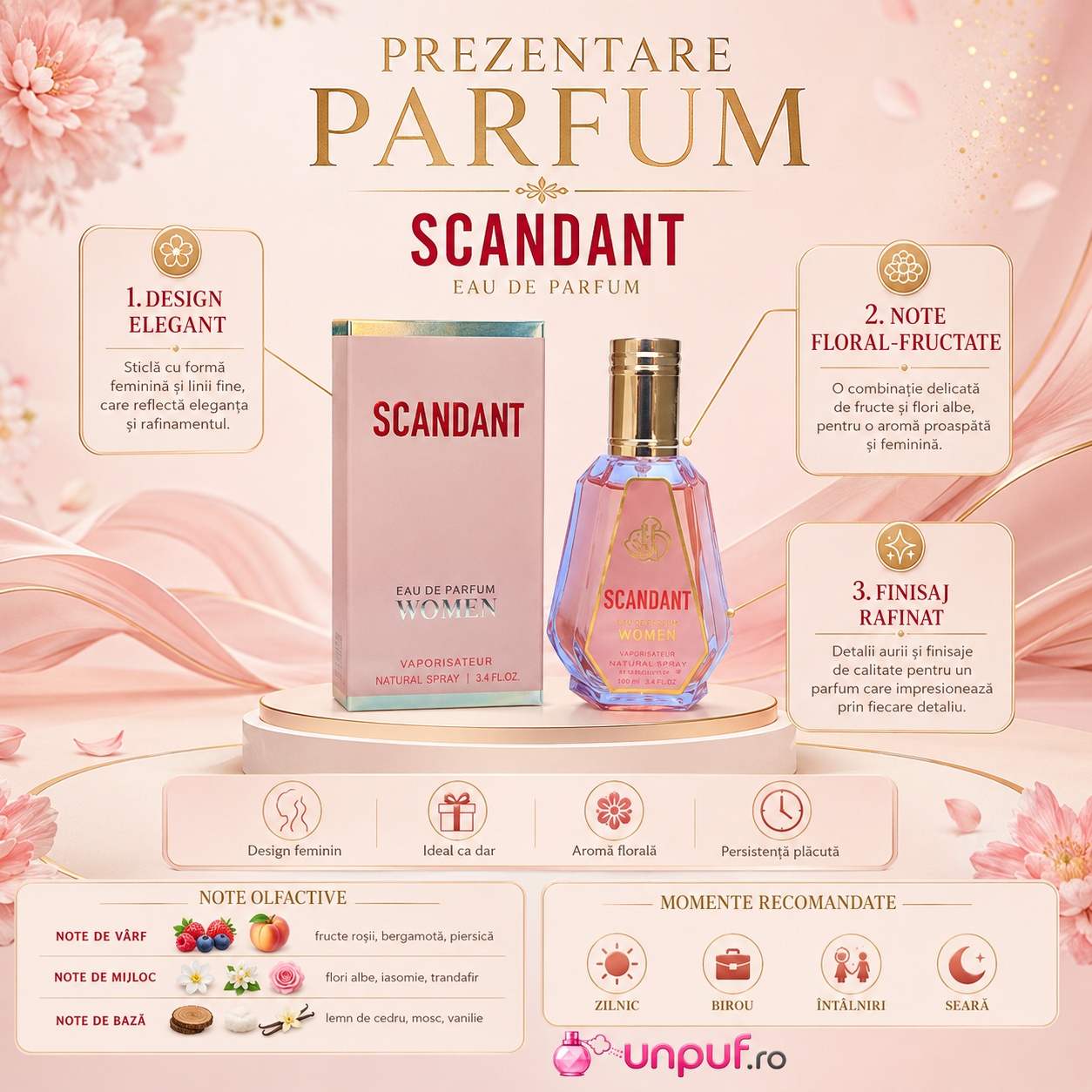 Prezentare parfum Fragrance World Scandant Belle Celine cu flacon, cutie premium, note olfactive și momente recomandate