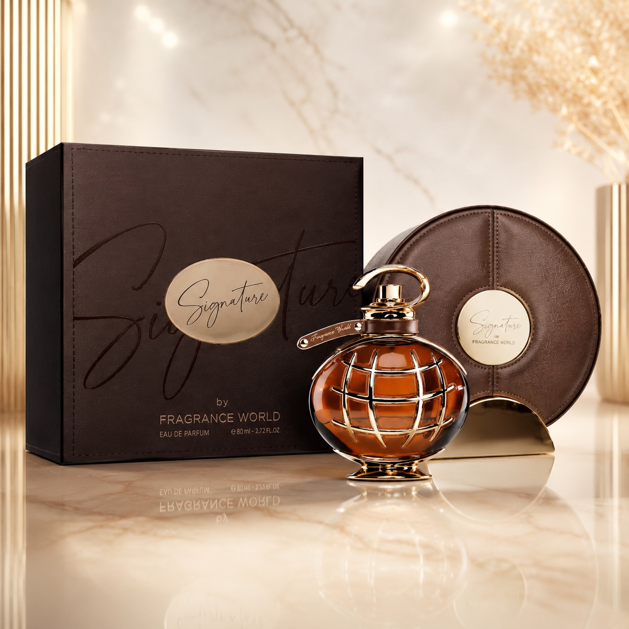 Parfum Arăbesc Fragrance World Signature Brown 80 ml cu flacon maro elegant și cutie premium