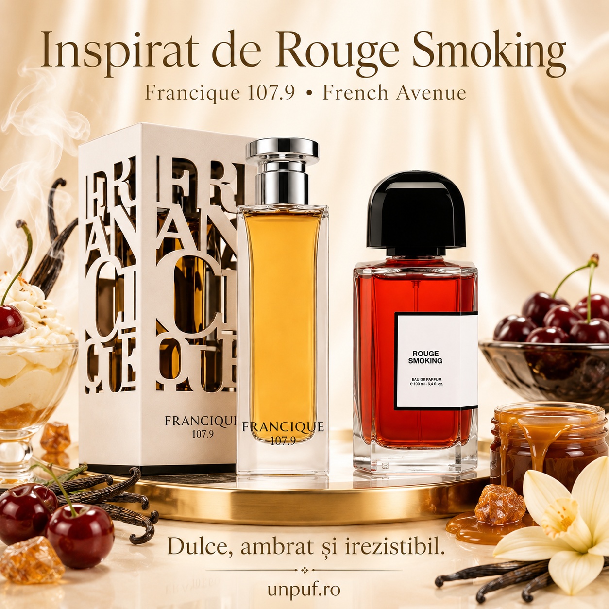 Parfum Francique 107.9 French Avenue inspirat de Rouge Smoking BDK, dulce, ambrat și elegant