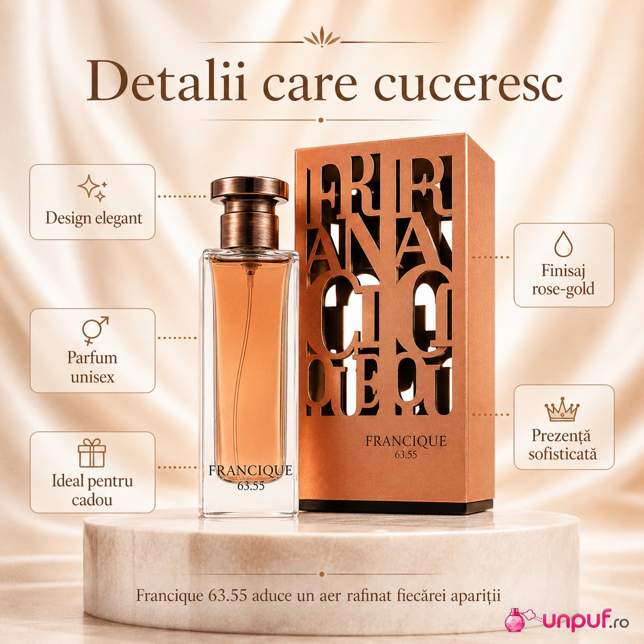 Detalii parfum Francique 63.55 French Avenue cu design elegant, finisaj rose gold și prezență sofisticată