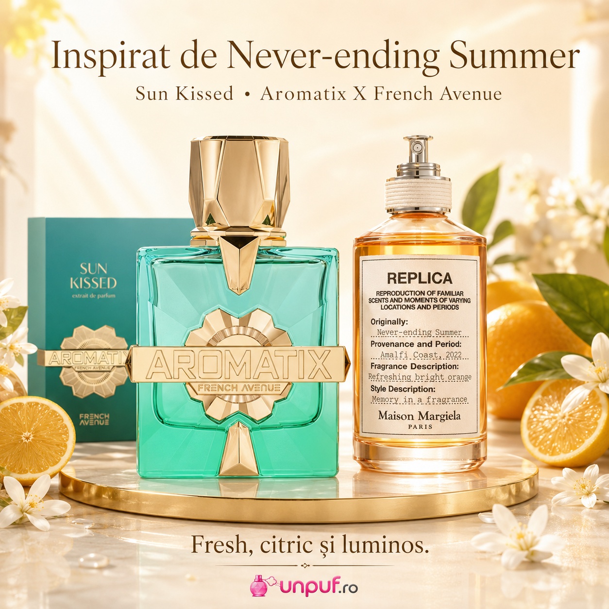 Parfum Aromatix Sun Kissed French Avenue inspirat de Never Ending Summer Maison Martin Margiela, fresh, citric și luminos