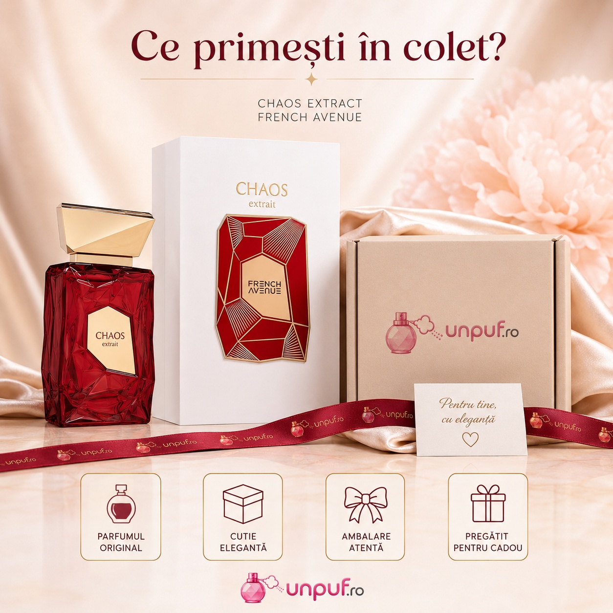 Colet parfum Chaos French Avenue cu sticlă, cutie originală, ambalare atentă și card de mulțumire unpuf.ro