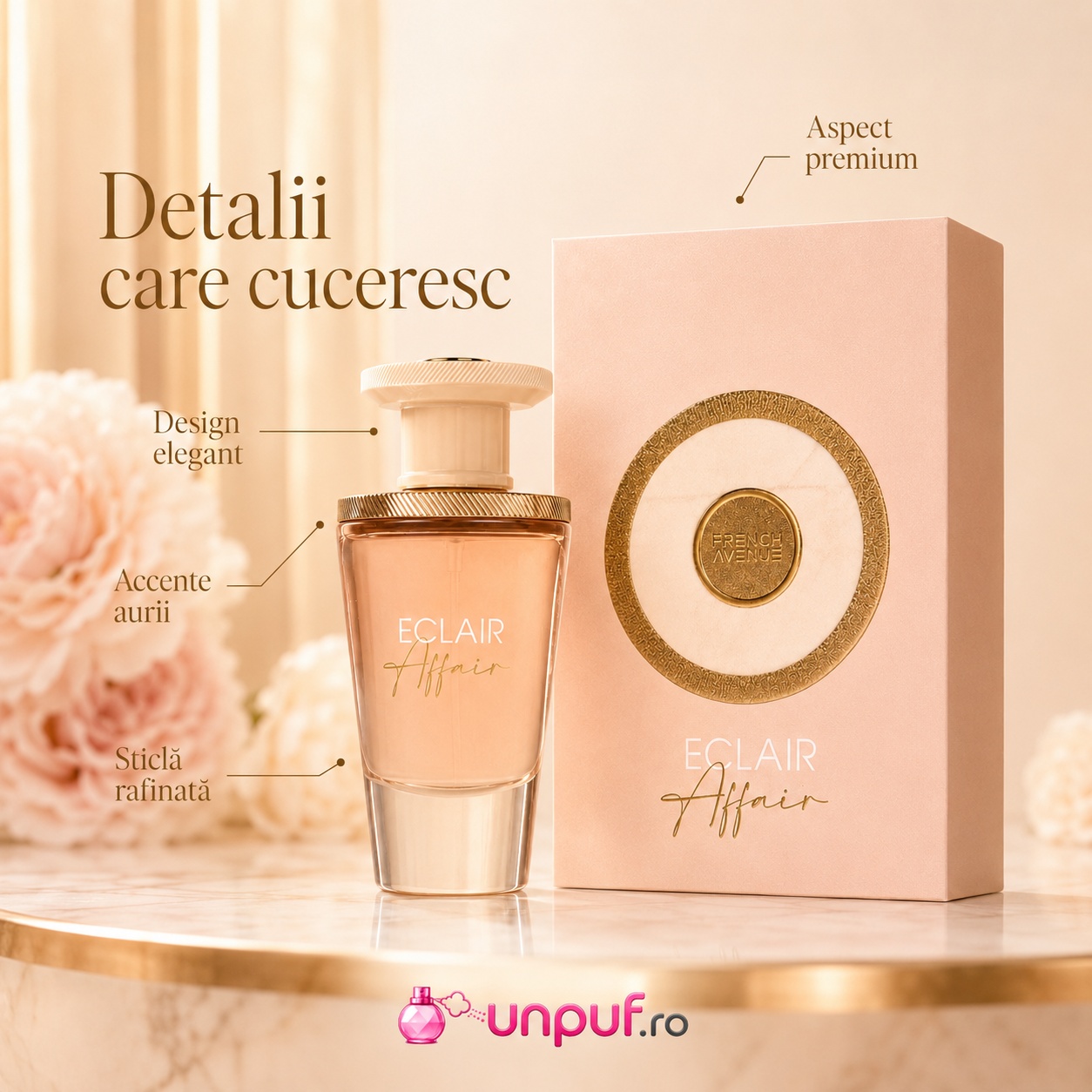 Prezentare parfum Eclair Affair French Avenue cu design elegant, accente aurii, sticlă rafinată și aspect premium
