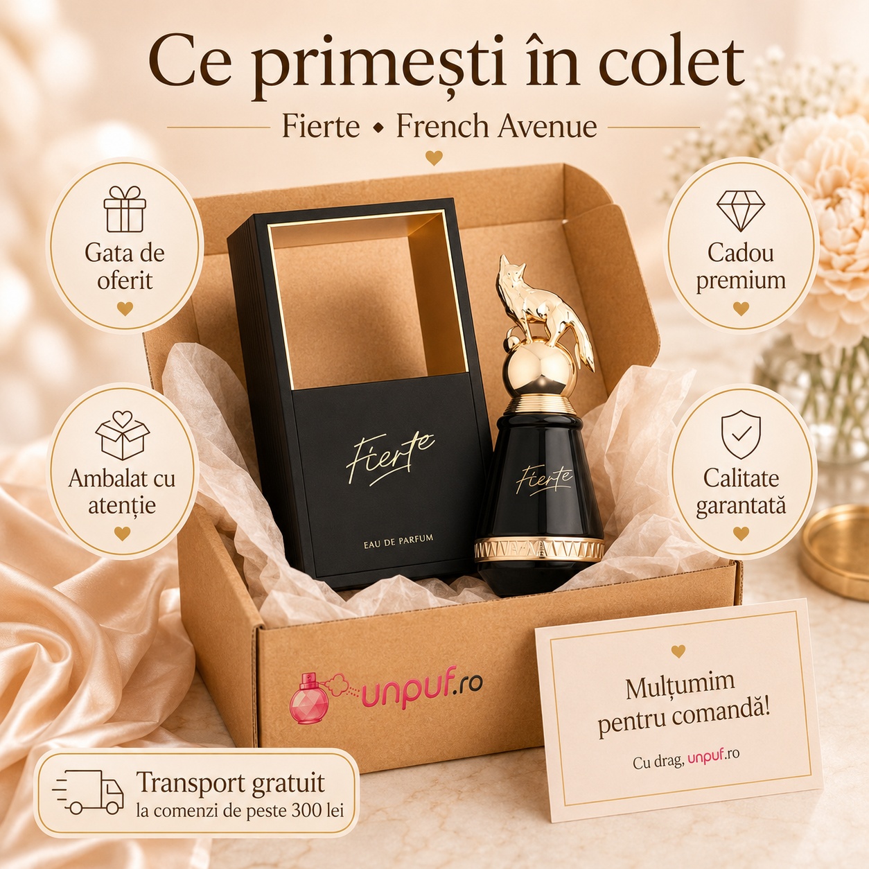 Colet parfum Fierte French Avenue ambalat cu atenție, gata de oferit cadou premium