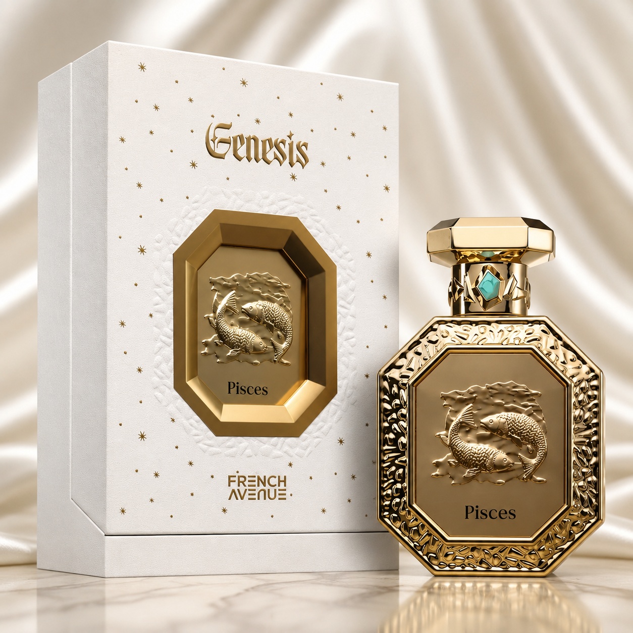 Parfum Arăbesc Genesis Pisces French Avenue 90 ml cu sticlă aurie elegantă și cutie albă premium