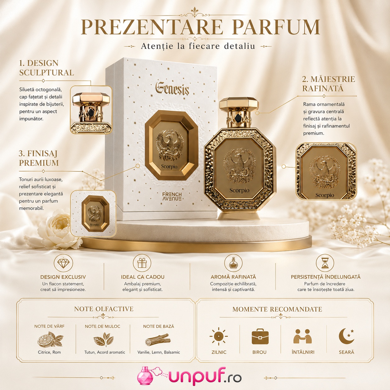 Prezentare parfum Genesis Scorpio French Avenue cu design sculptural, finisaj premium și note olfactive