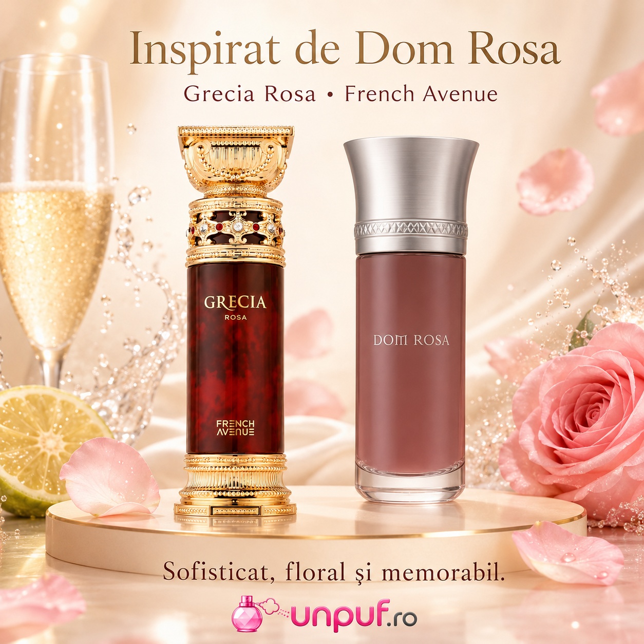 Parfum Grecia Rosa French Avenue inspirat de Dom Rosa, floral fructat, elegant și efervescent
