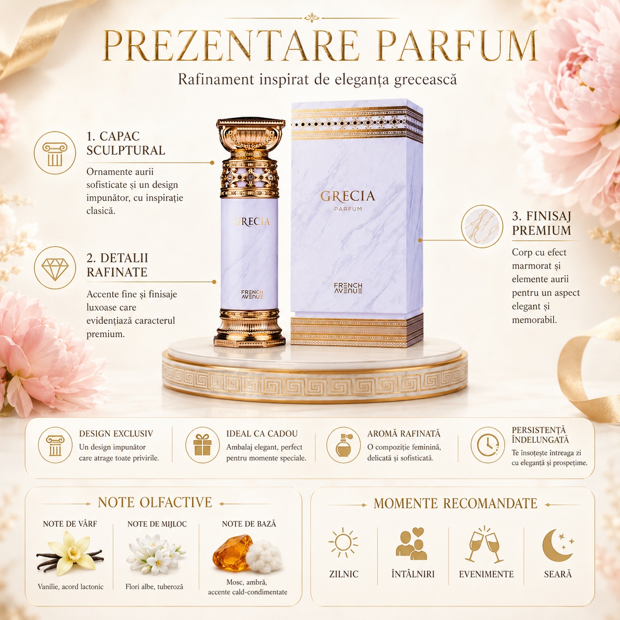 Prezentare parfum Grecia White French Avenue cu capac sculptural, detalii rafinate, finisaj premium și note olfactive