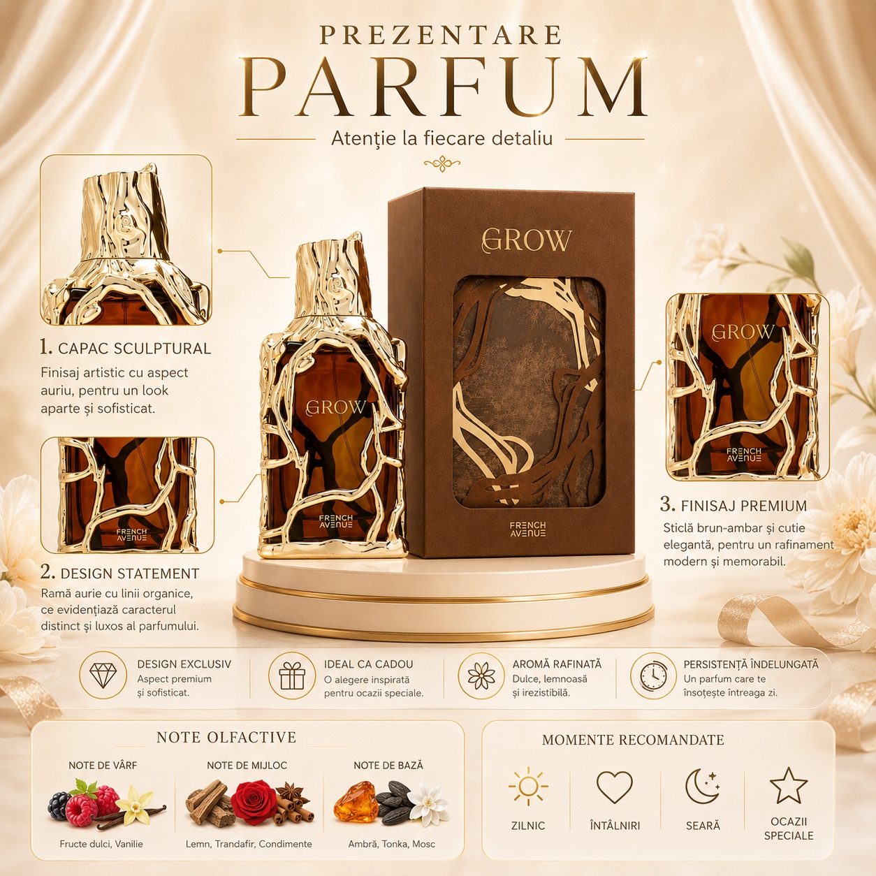 Prezentare parfum Grow French Avenue cu capac sculptural, ramă aurie, design statement, note olfactive și momente recomandate