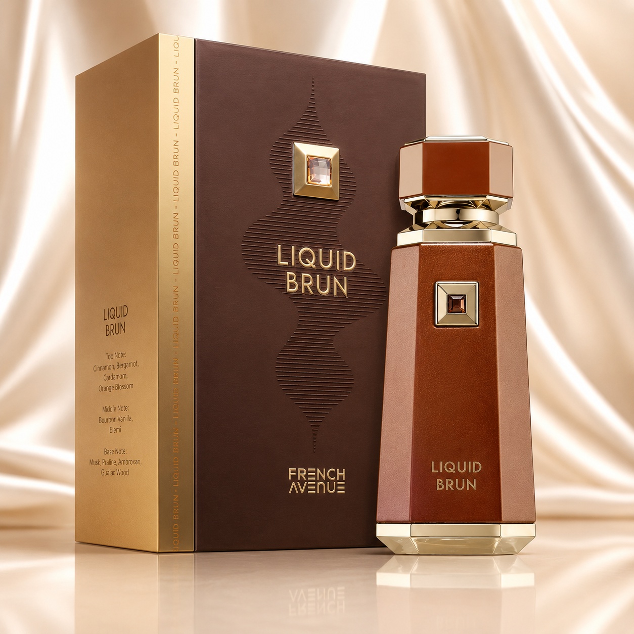 Parfum Arăbesc Liquid Brun French Avenue 100 ml pentru bărbați cu sticlă brună, detalii aurii și cutie premium