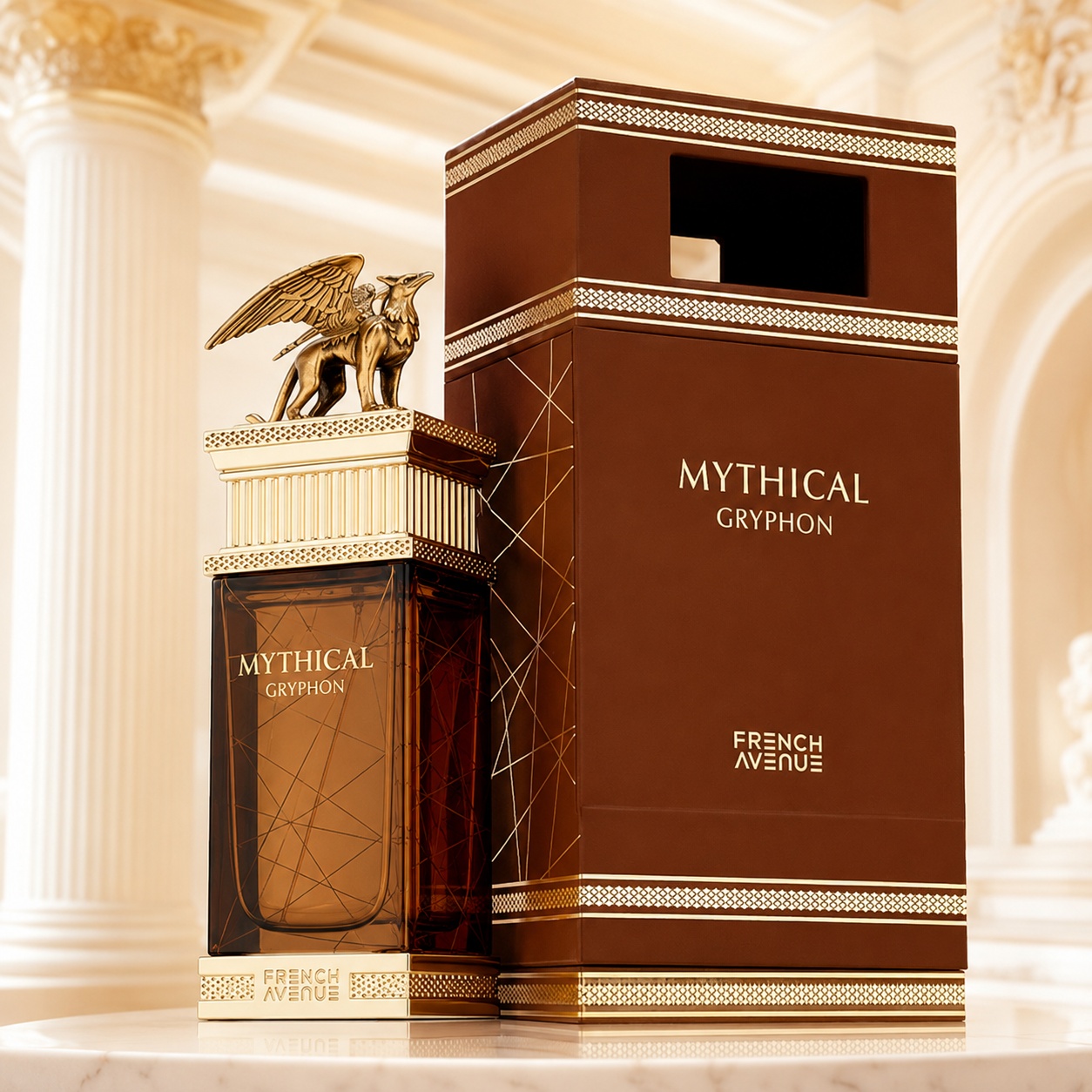 Parfum Arăbesc Mythical Gryphon French Avenue 100 ml cu sticlă maro aurie, capac cu grifon și cutie premium