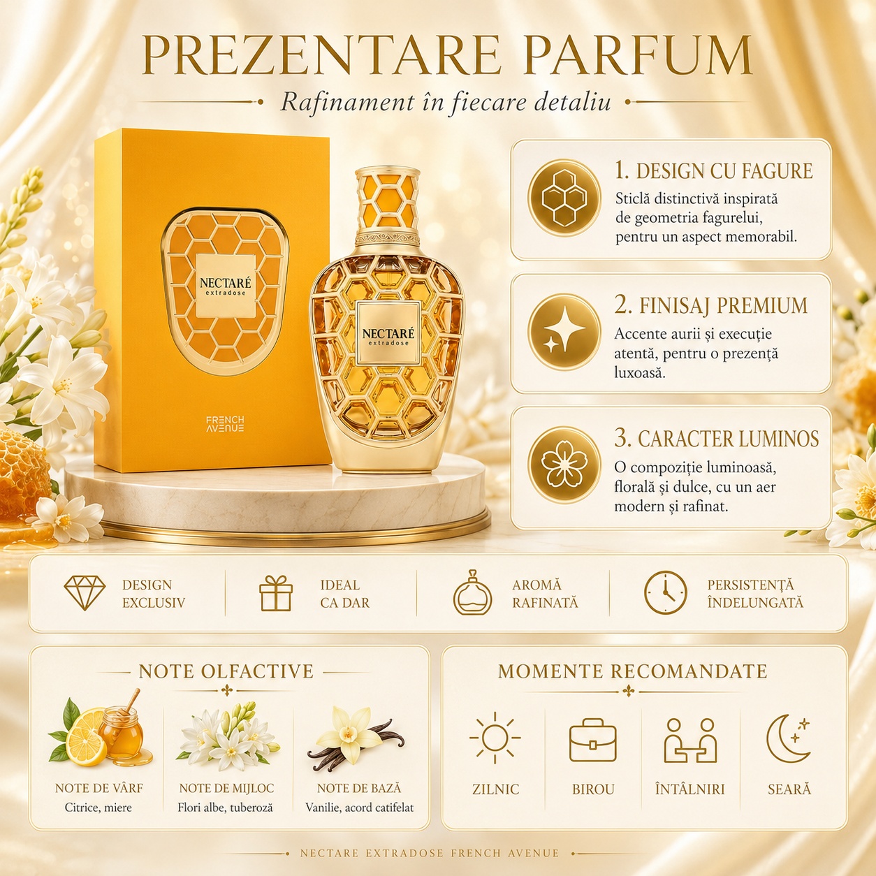 Prezentare parfum Nectare Extradose French Avenue cu design de fagure, finisaj premium, caracter luminos și note olfactive
