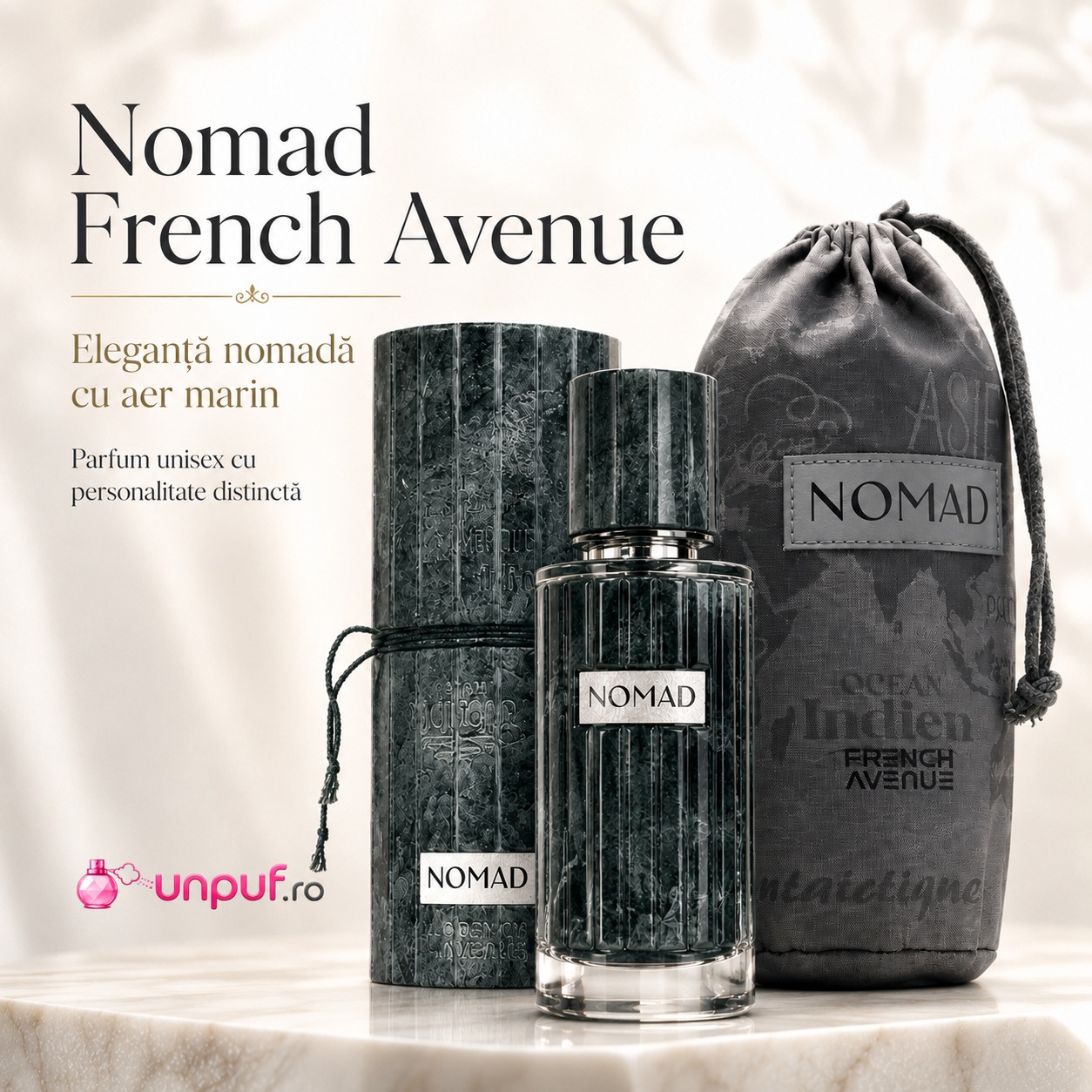 Prezentare parfum Nomad French Avenue cu eleganță nomadă, aer marin și săculeț textil premium