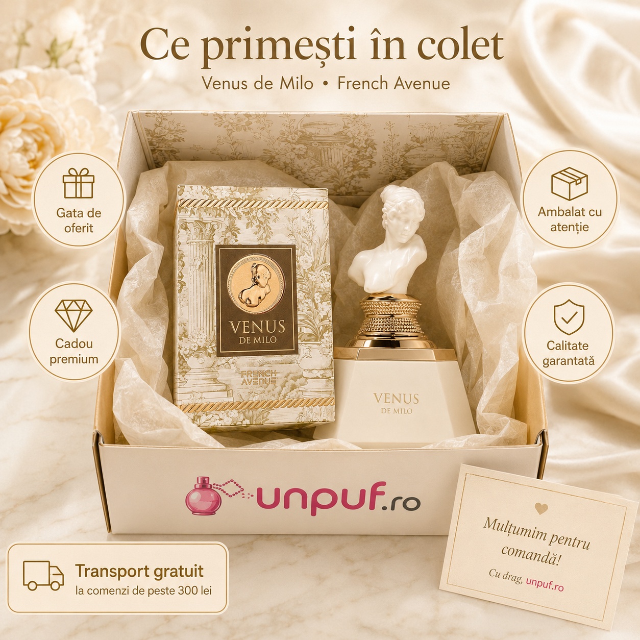 Ce primești &icirc;n colet Venus De Milo French Avenue 100 ml cadou premium ambalat cu atenție unpuf.ro