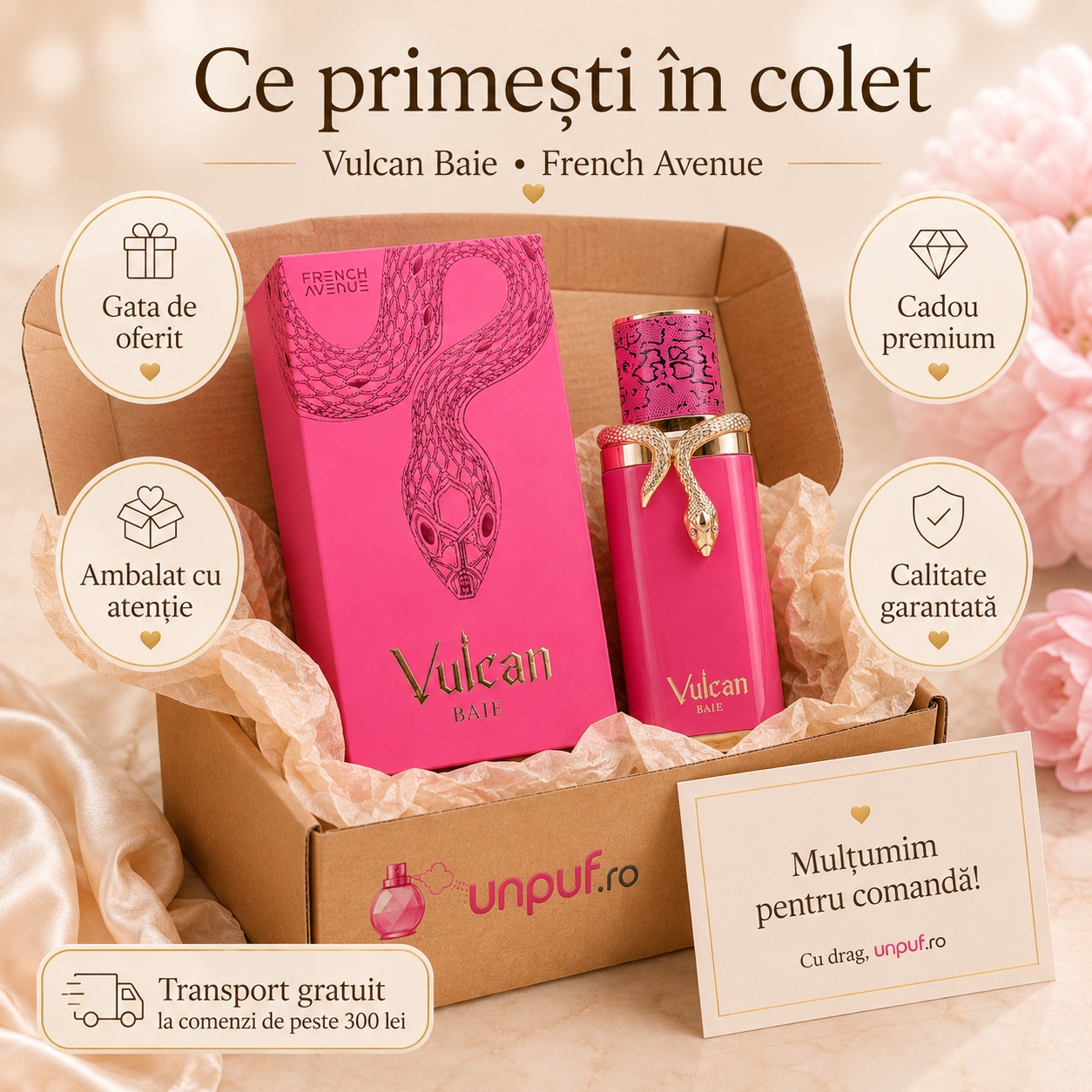 Ce primești &icirc;n colet Vulcan Baie French Avenue 100 ml cadou premium ambalat cu atenție unpuf.ro