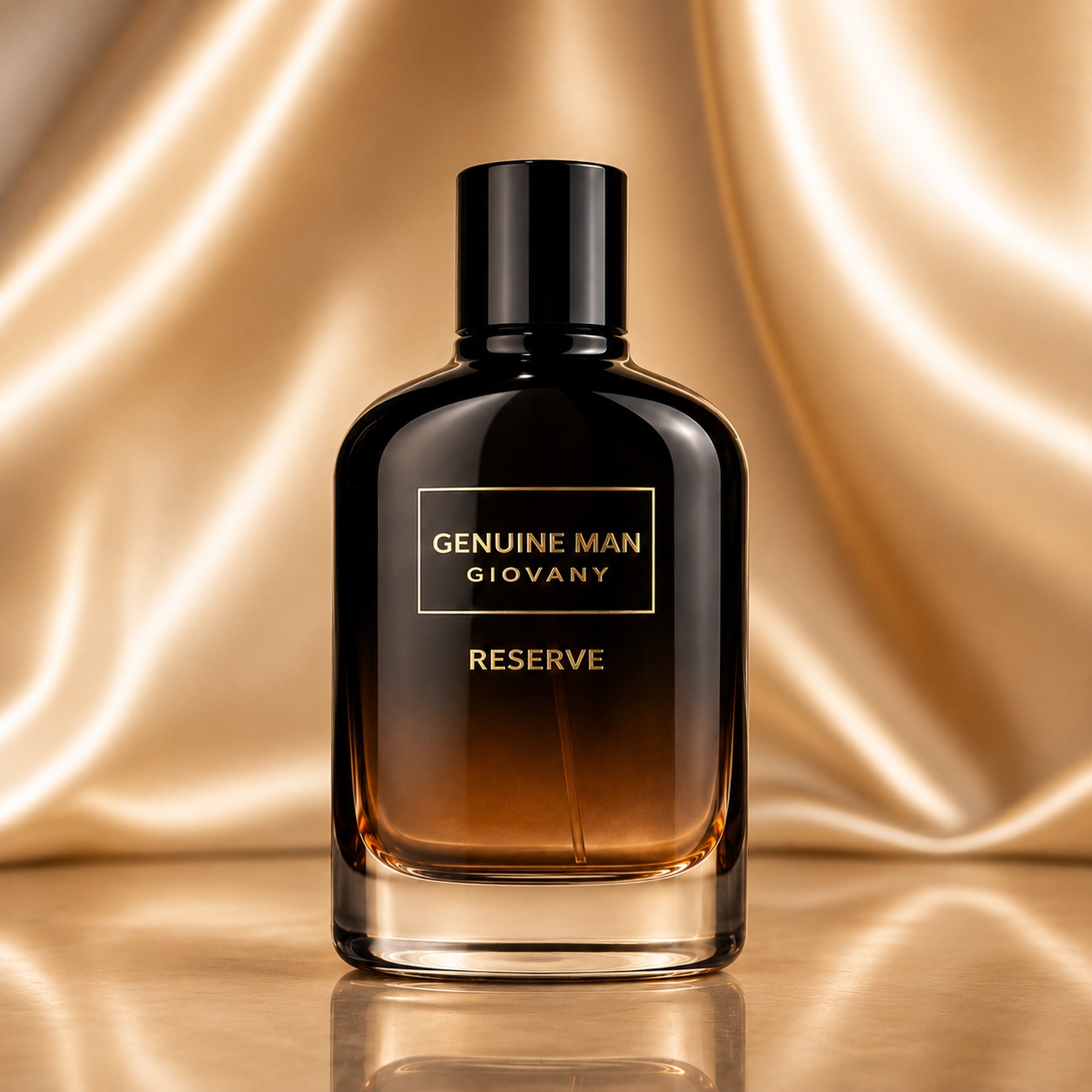 Flacon Genuine Man Giovany Reserve Fragrance World 100 ml Apă de Parfum pentru bărbați cu lichid ambrat și capac negru lucios