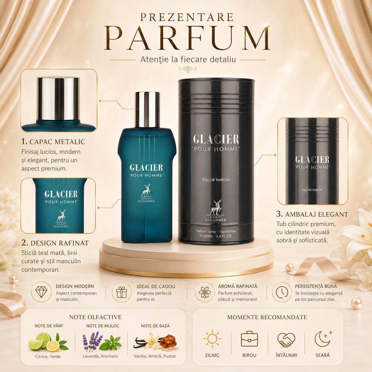 Prezentare parfum Glacier Pour Homme Maison Alhambra detalii capac metalic design rafinat ambalaj elegant note citrice lavandă vanilie ambră
