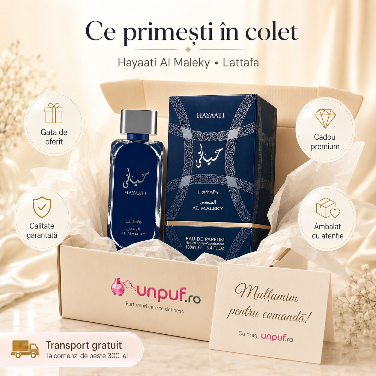 Ce primești &icirc;n colet Hayaati Al Maleky Lattafa 100 ml parfum bărbat ambalat cu atenție cadou premium