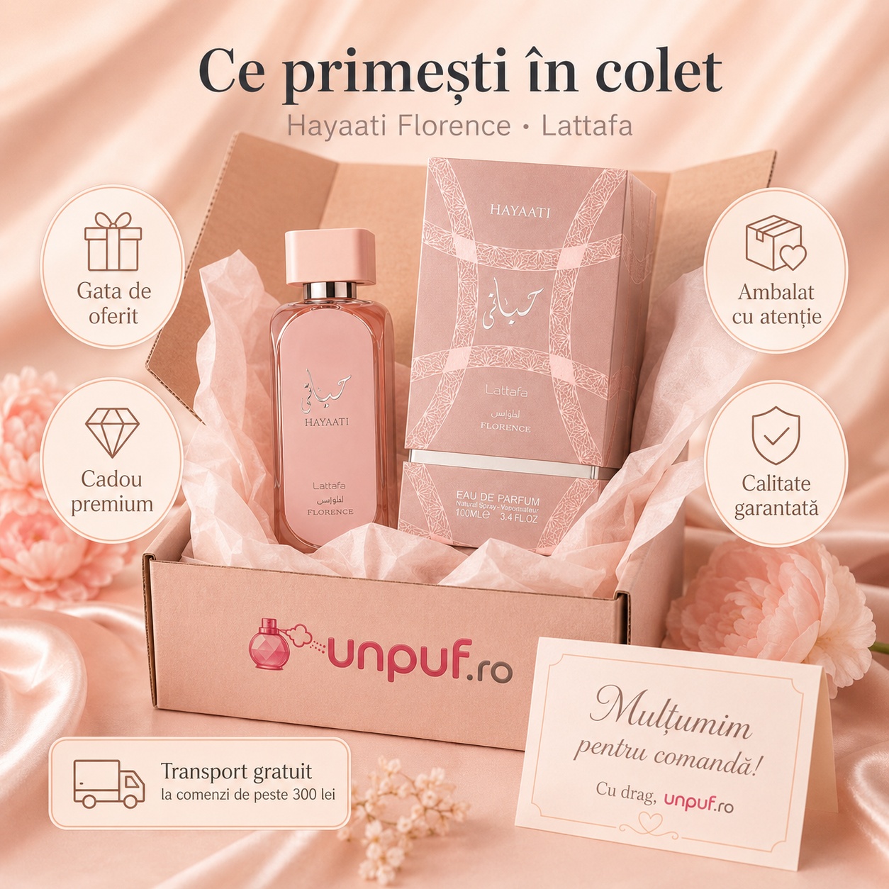 Ce primești &icirc;n colet Hayaati Florence Lattafa 100 ml parfum damă ambalat cu atenție cadou premium