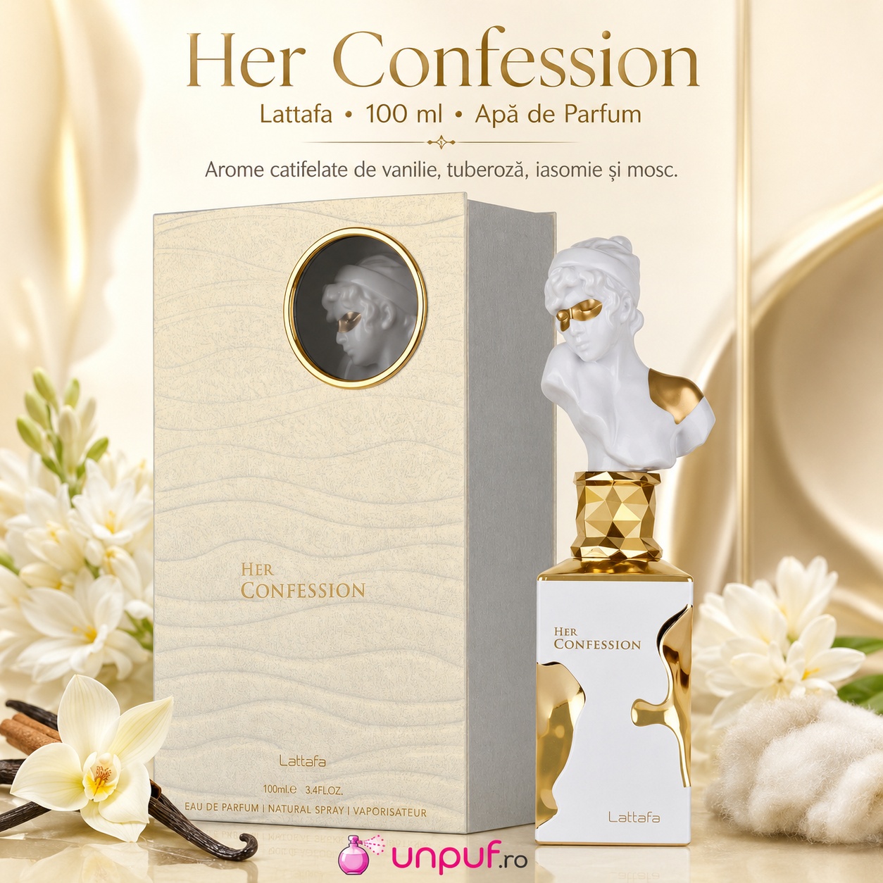 Her Confession Lattafa parfum cu arome catifelate de vanilie tuberoză iasomie și mosc
