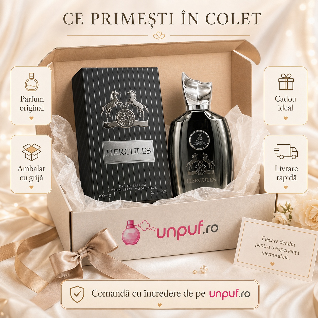 Ce primești &icirc;n colet Hercules Maison Alhambra 100 ml ambalat cu atenție cadou premium unpuf.ro