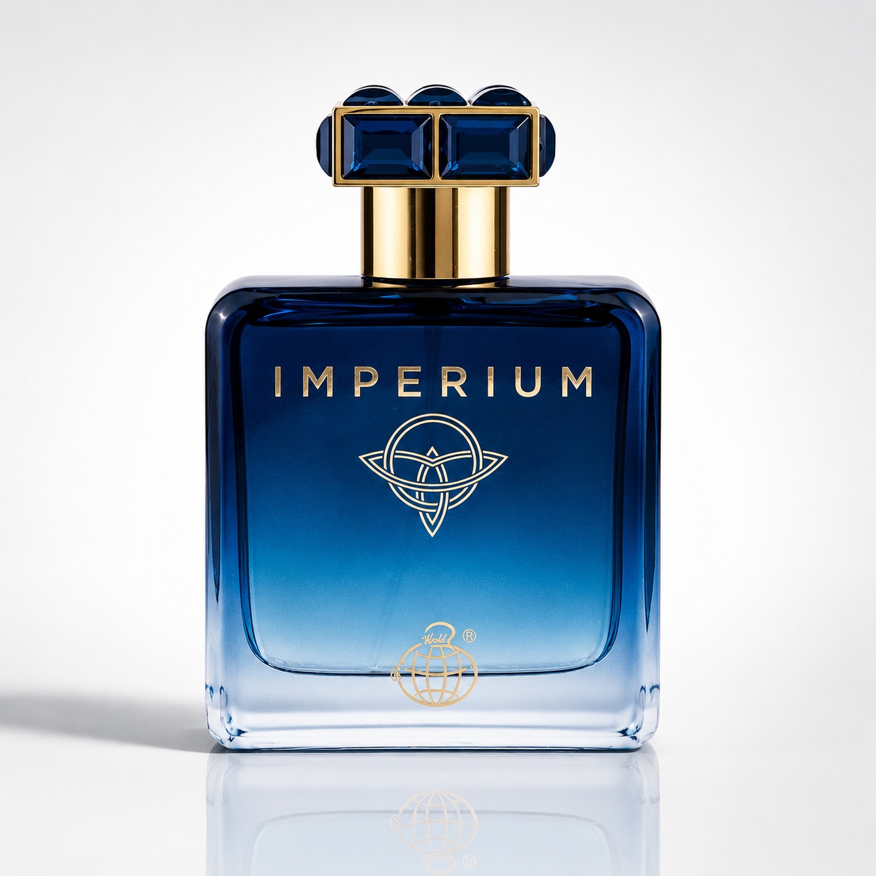 Flacon Imperium Eau de Parfum 100 ml Fragrance World cu design albastru și capac auriu cu pietre albastre