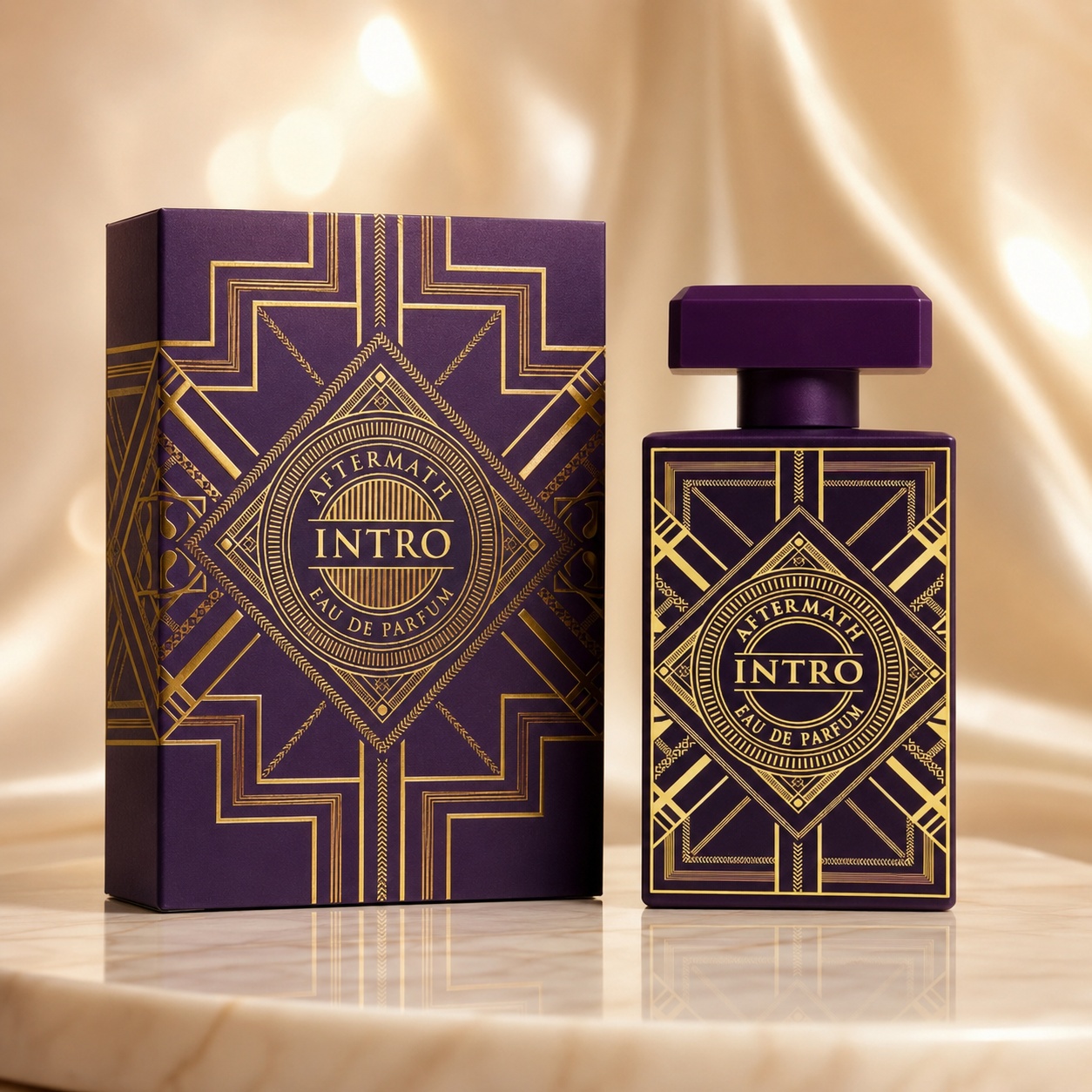 Parfum Arăbesc Fragrance World Intro Aftermath 80 ml cu flacon mov și cutie premium cu detalii aurii