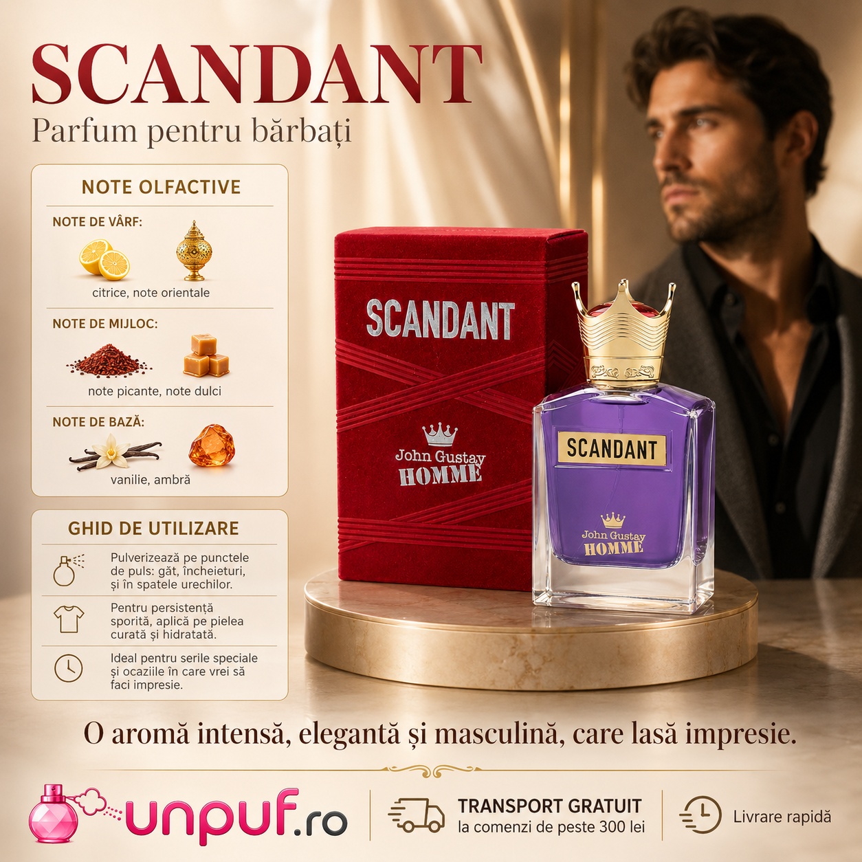 John Gustav Homme Scandant note olfactive și ghid de utilizare parfum pentru bărbați