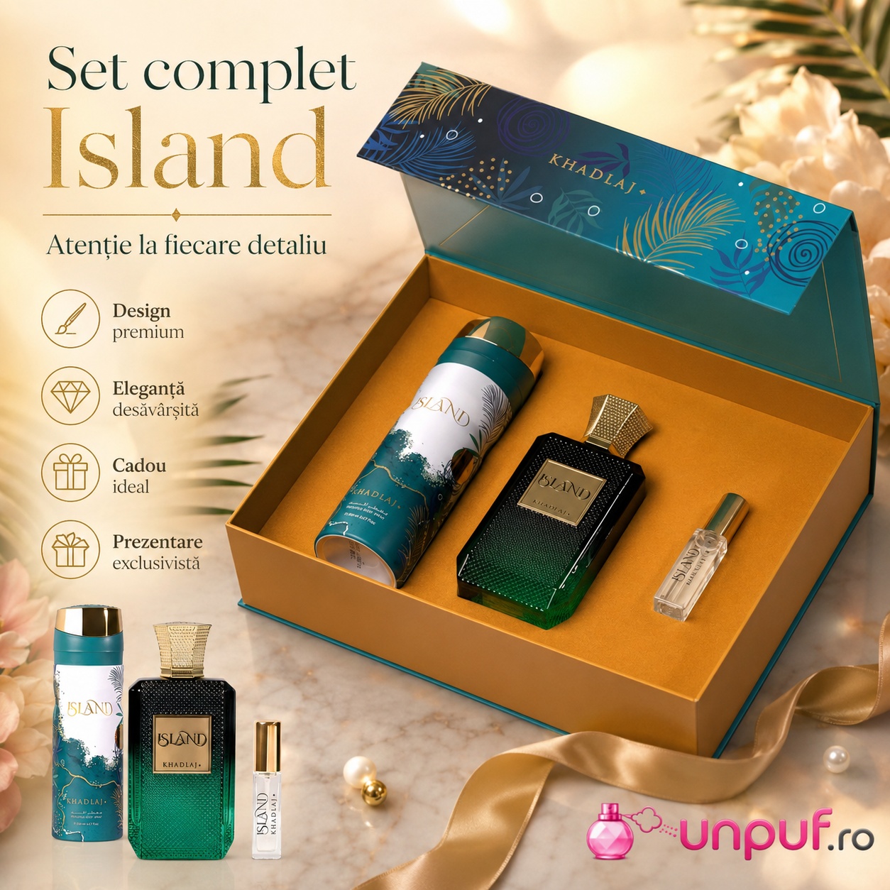 Parfum Khadlaj Island Set Extract Parfum 100ml, Body Spray 200ml și Extract Parfum 10ml, set cadou premium