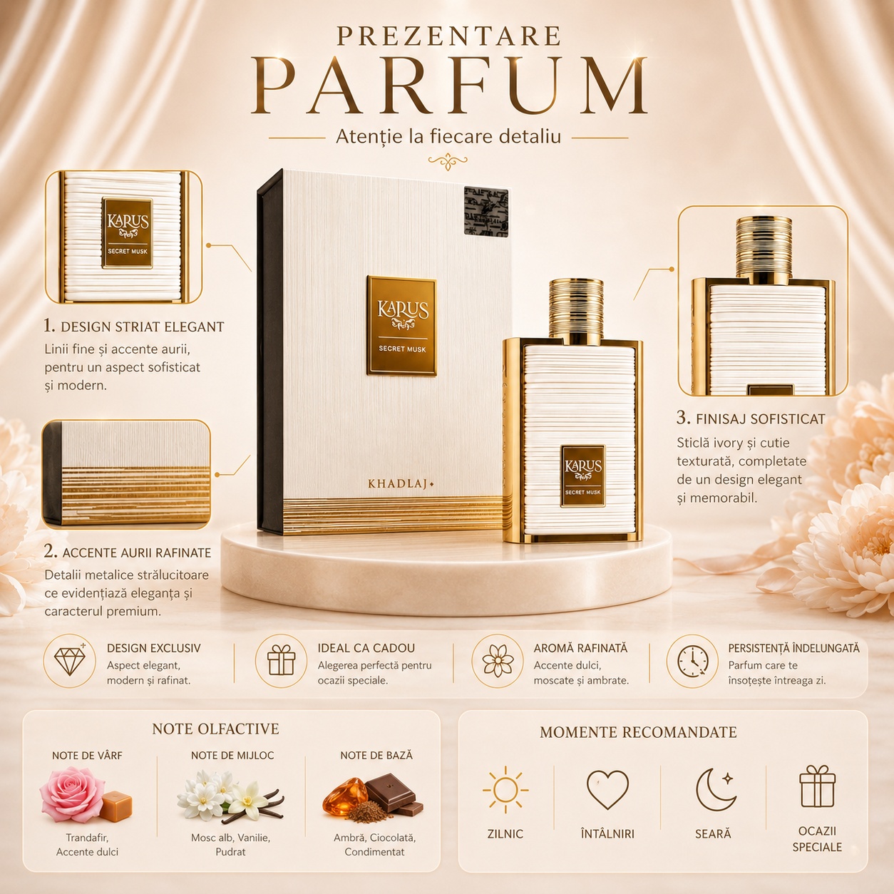Prezentare parfum Khadlaj Karus Secret Musk cu design striat elegant, accente aurii, note olfactive și momente recomandate