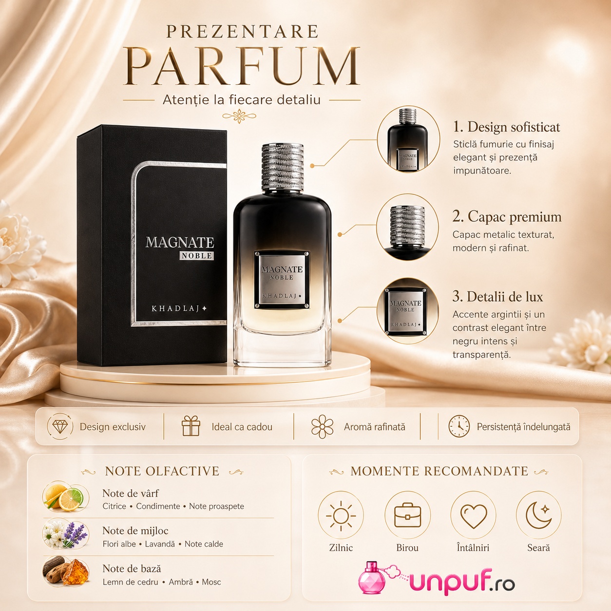 Prezentare parfum Khadlaj Magnate Noble cu design sofisticat, capac premium, detalii de lux și note olfactive