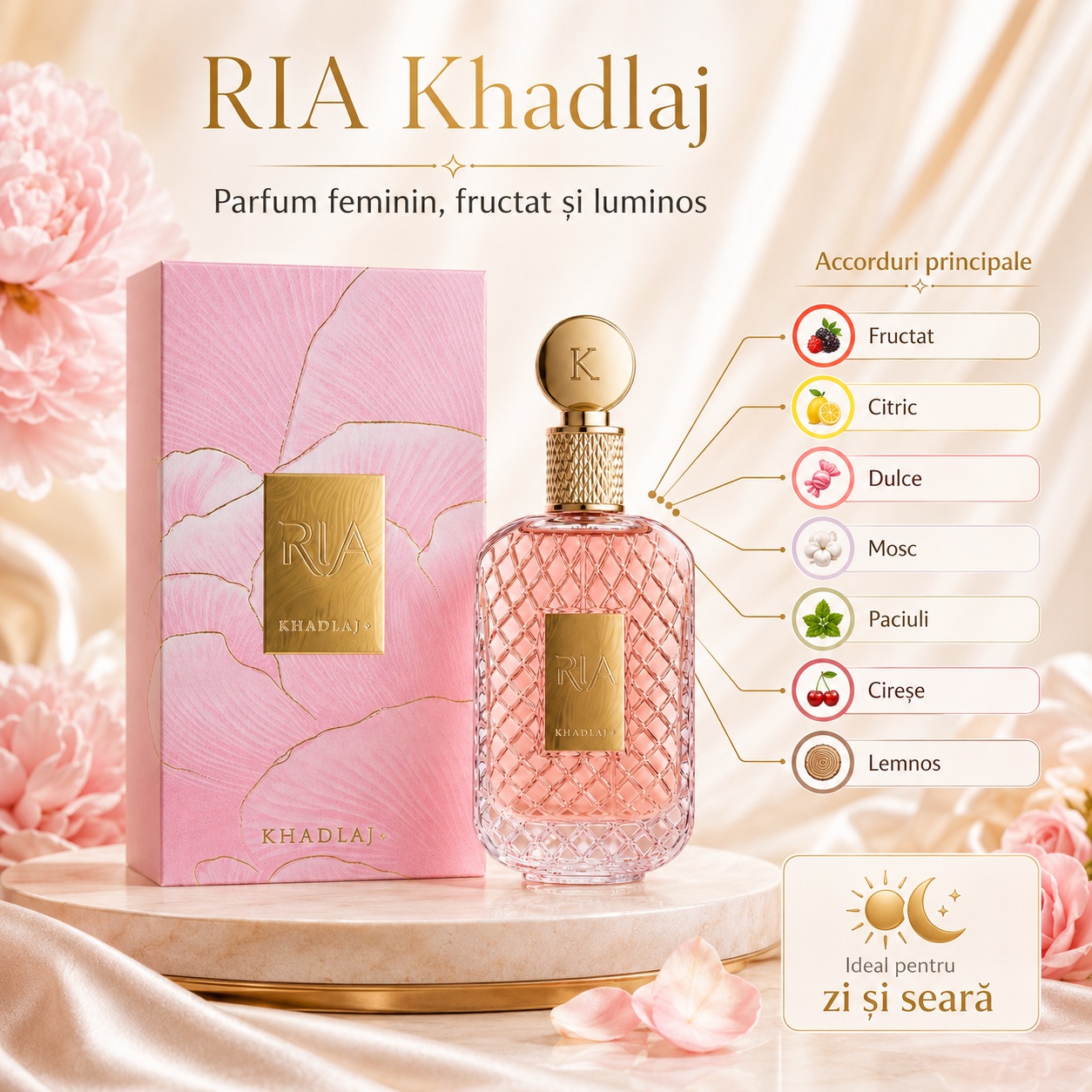 Khadlaj Ria parfum feminin fructat și luminos cu acorduri fructate, citrice, dulci, moscate, paciuli, cireșe și lemnoase