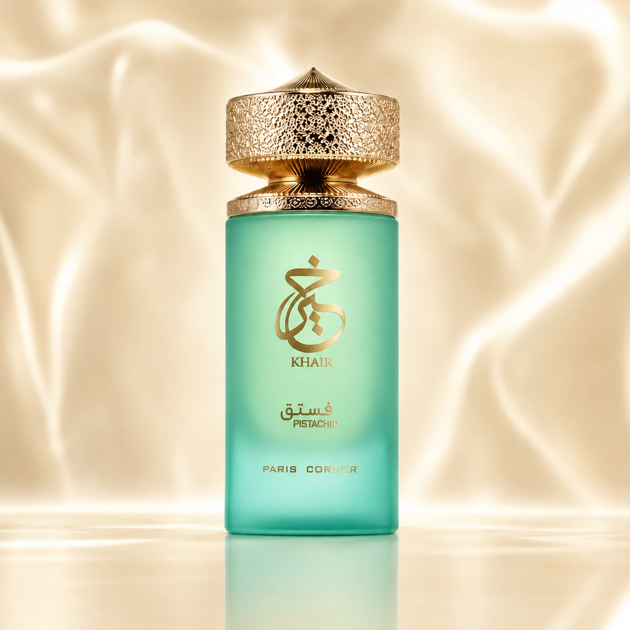 Flacon Khair Pistachio Paris Corner 100 ml verde fistic mat cu logo auriu și capac auriu texturat premium