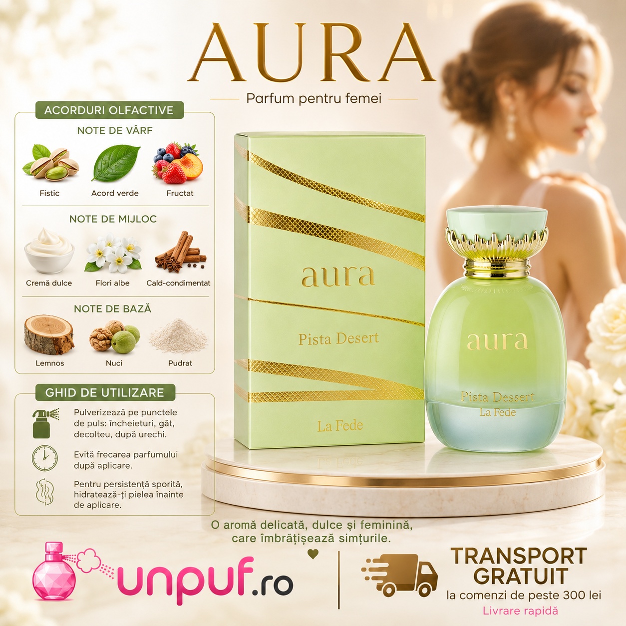 Profil olfactiv La Fede Aura Pista Desert cu fistic, acord verde, fructat, cremă dulce, flori albe, cald-condimentat, lemnos, nuci și pudrat
