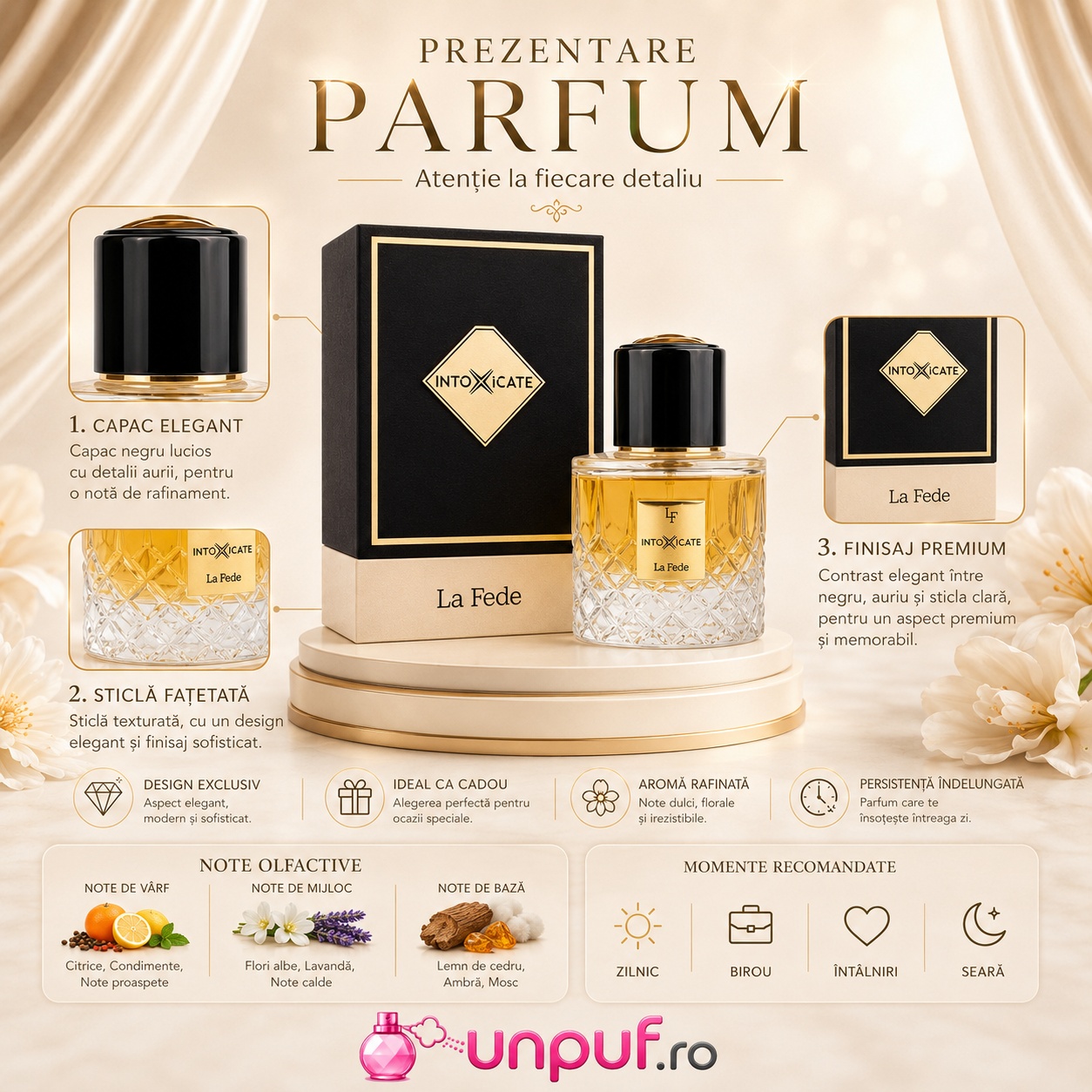 Prezentare parfum La Fede Intoxicate cu detalii despre flacon, capac, finisaj premium și note olfactive