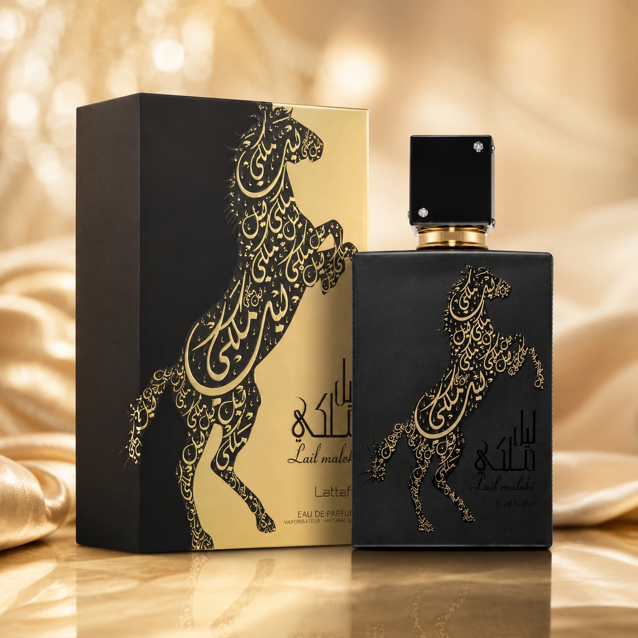 Parfum Arăbesc Lail Maleki Lattafa 100 ml unisex cu flacon negru, armăsar auriu și cutie premium negru auriu
