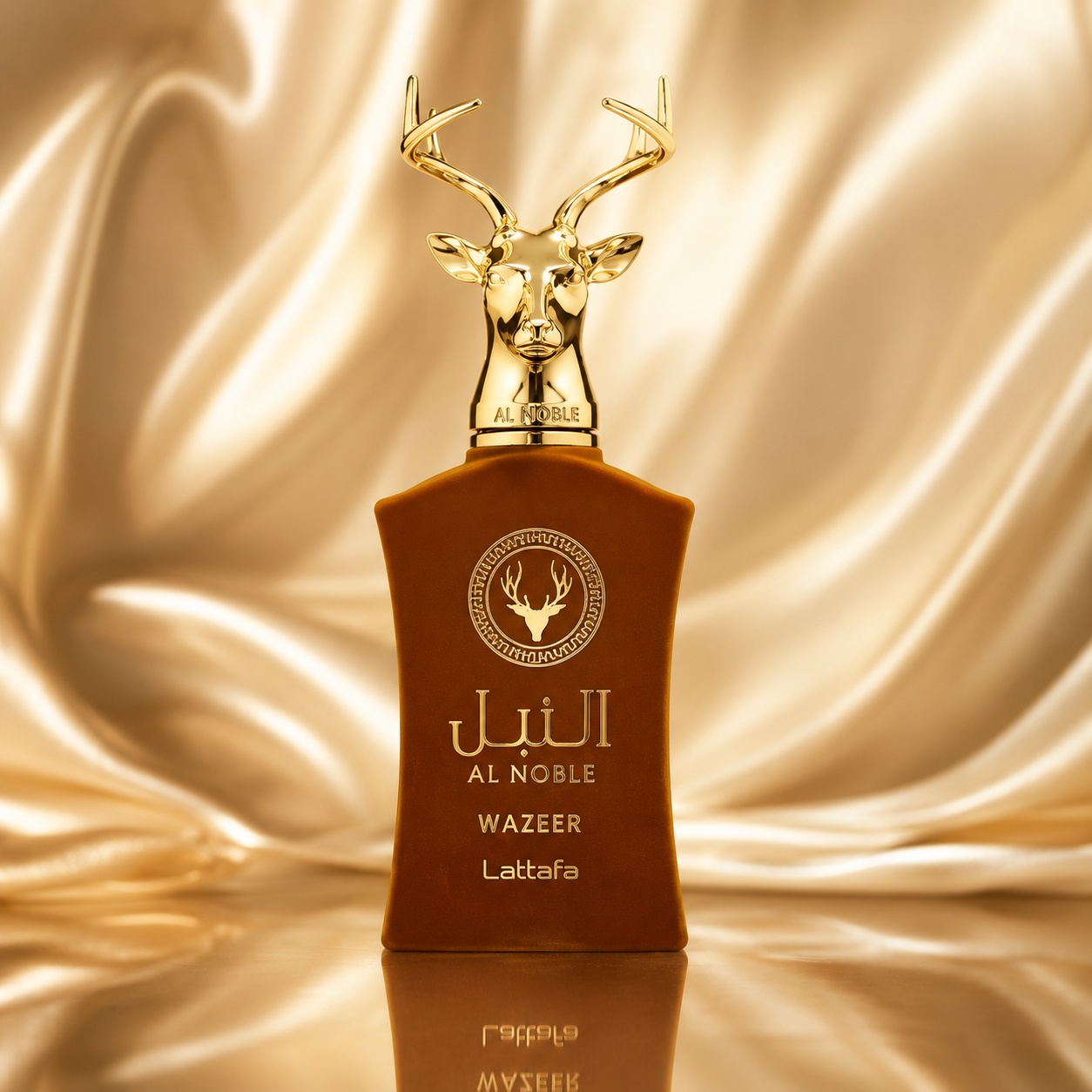 Flacon Lattafa Al Noble Wazeer 100 ml parfum unisex maro cu capac auriu sculptural &icirc;n formă de cerb