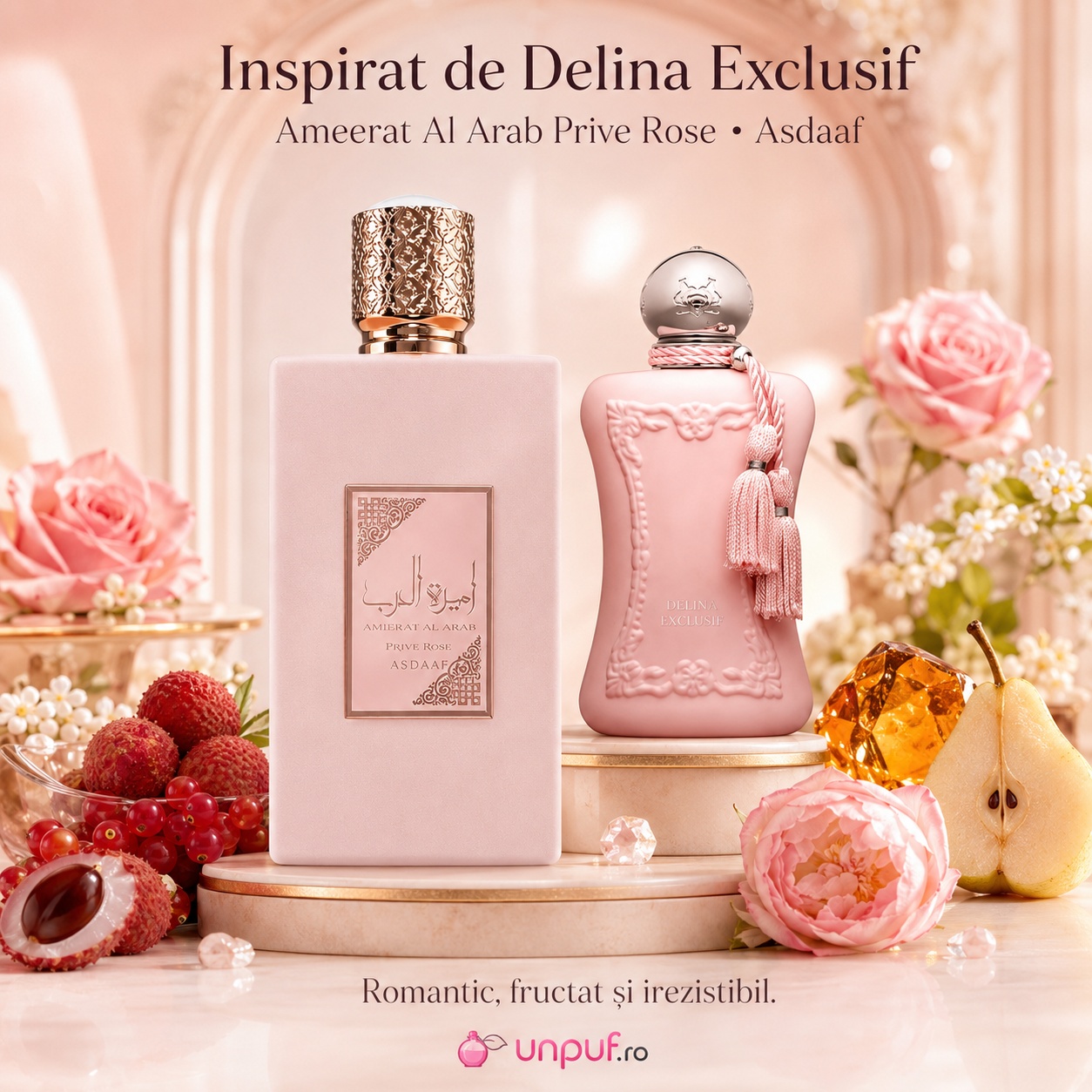 Lattafa Ameerat Prive Rose inspirat din Delina Exclusif, parfum damă floral fructat romantic și irezistibil