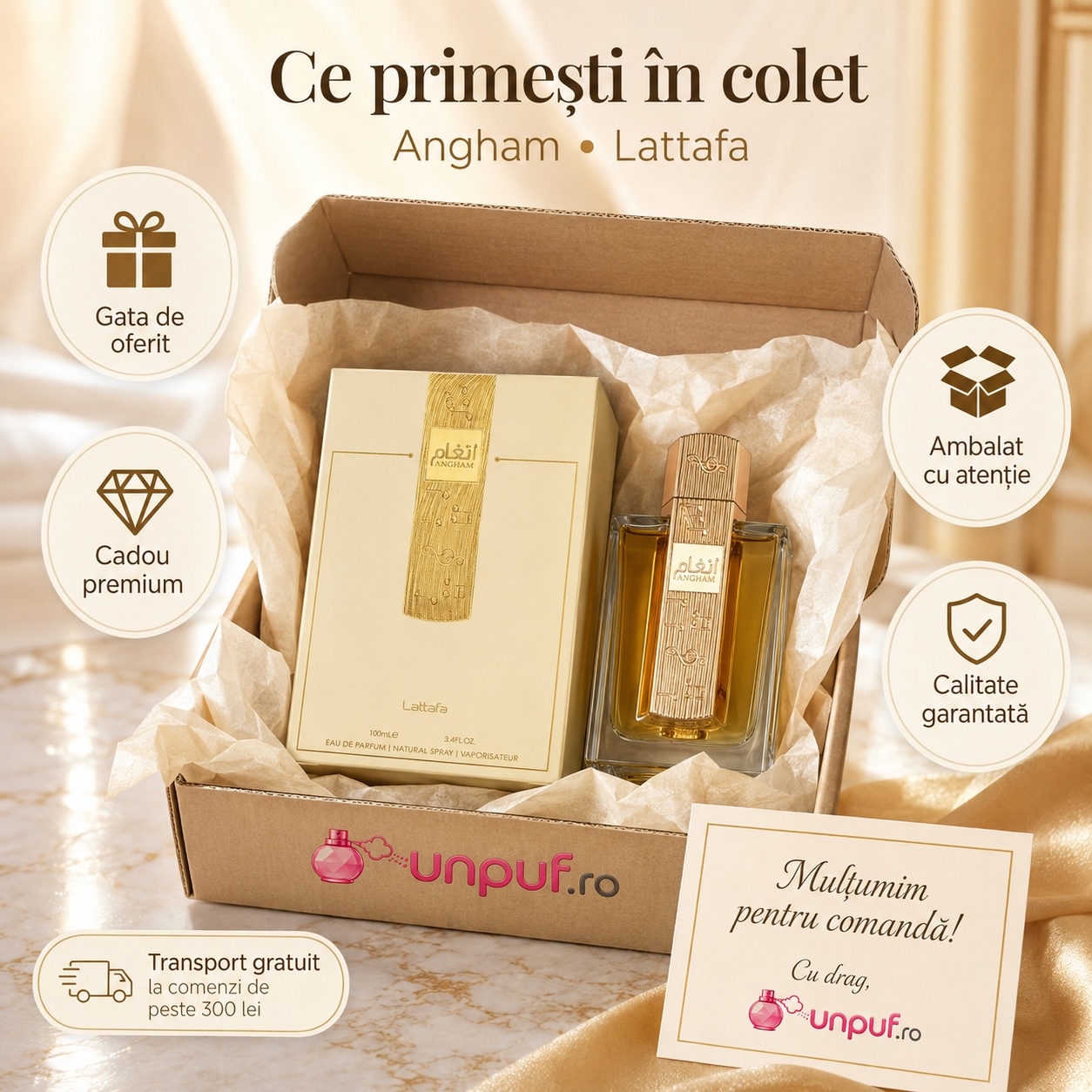 Ce primești &icirc;n colet Lattafa Angham 100 ml parfum damă ambalat cu atenție cadou premium