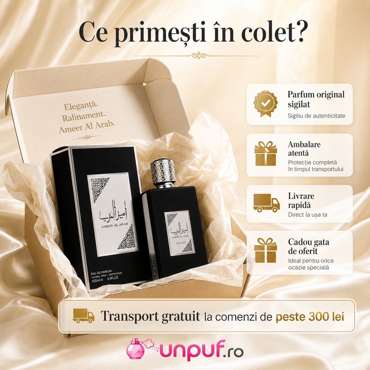 Ce primești &icirc;n colet Lattafa Asdaaf Ameer Al Arab 100 ml parfum bărbat ambalat cu atenție cadou premium
