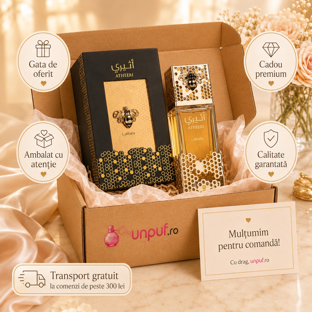 Ce primești în colet Lattafa Atheeri 100 ml parfum arăbesc damă ambalat cu atenție gata de oferit cadou premium