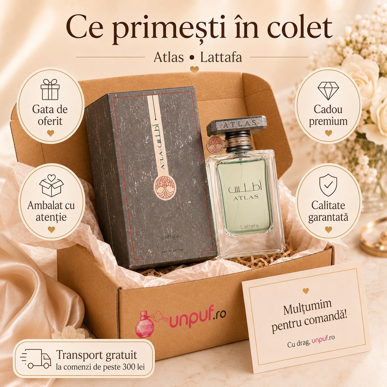 Ce primești &icirc;n colet Lattafa Atlas 55 ml parfum arăbesc ambalat cu atenție gata de oferit cadou