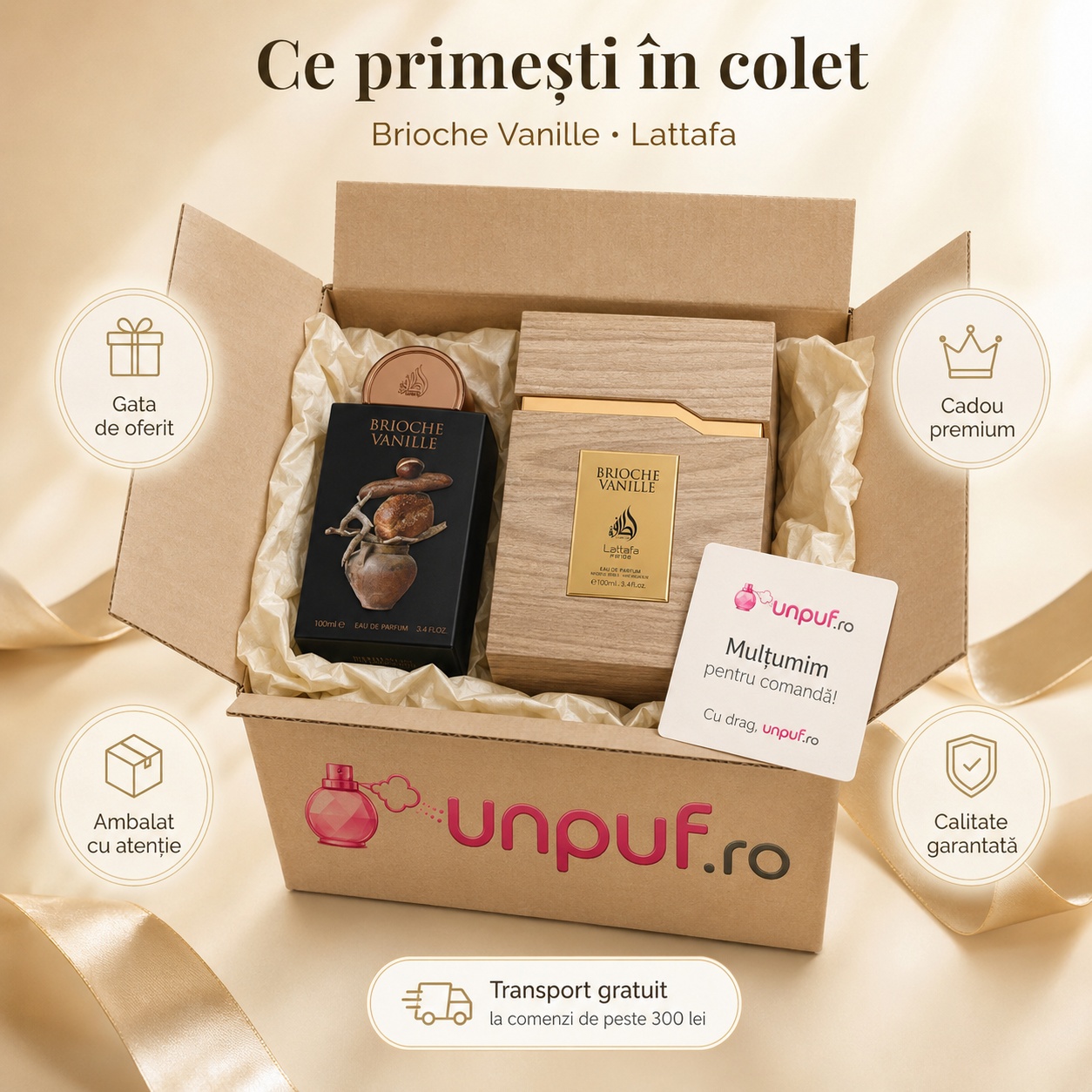 Ce primești &icirc;n colet Lattafa Brioche Vanille 100 ml parfum arăbesc unisex ambalat cu atenție gata de oferit cadou