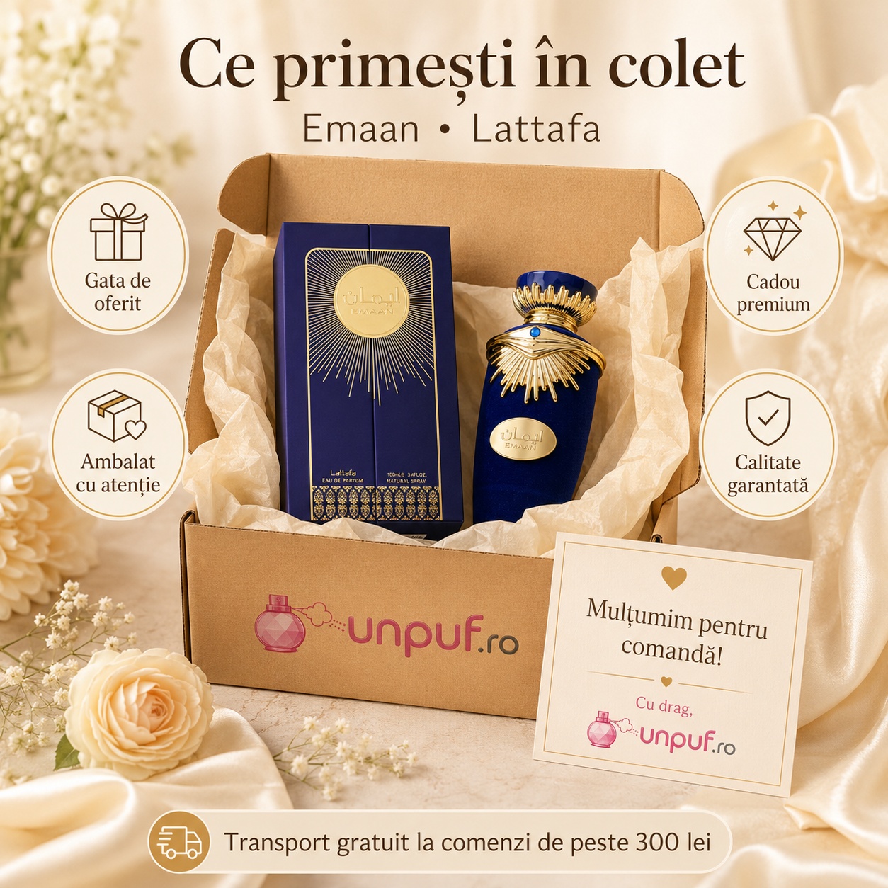 Ce primești în colet Lattafa Emaan 100 ml parfum de damă ambalat cu atenție gata de oferit cadou
