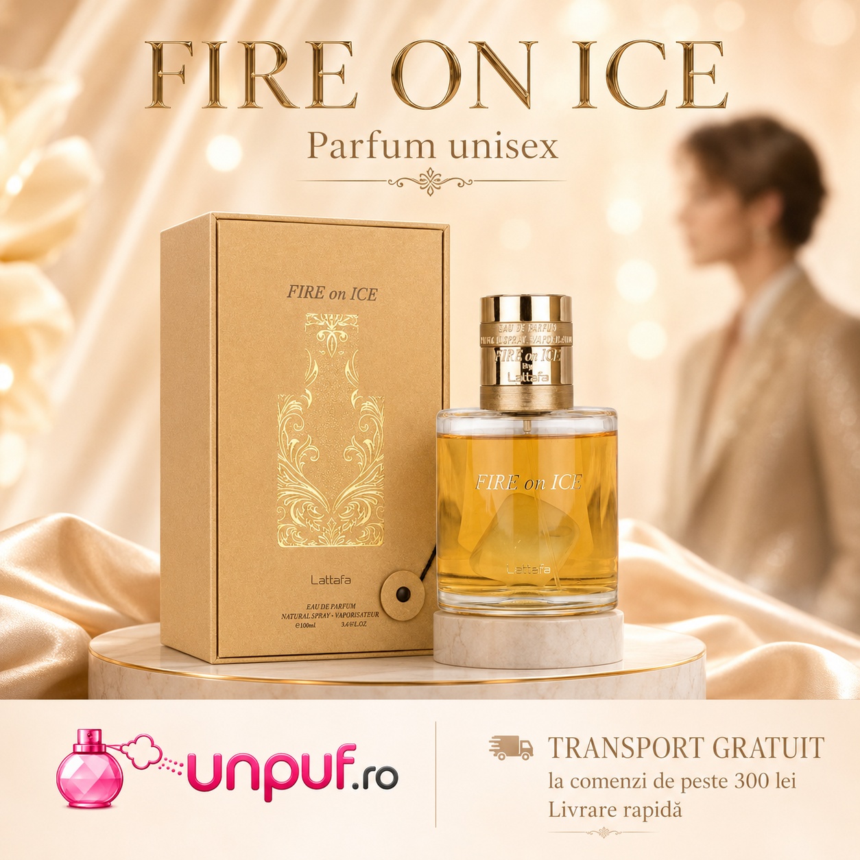 Lattafa Fire On Ice parfum unisex cu flacon auriu și cutie elegantă, potrivit pentru damă și bărbat