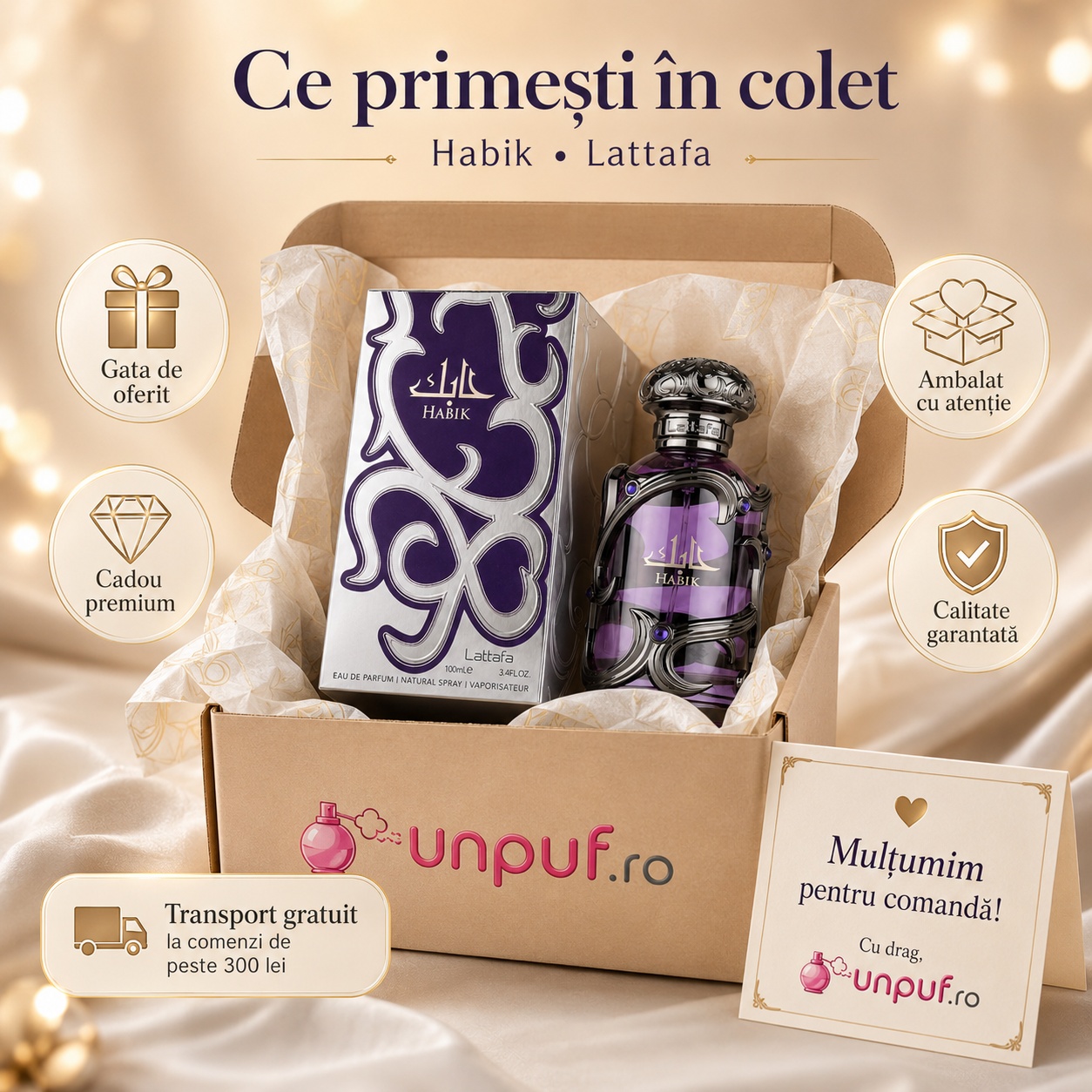 Ce primești în colet Lattafa Habik For Men 100 ml parfum arăbesc bărbătesc ambalat cu atenție gata de oferit cadou