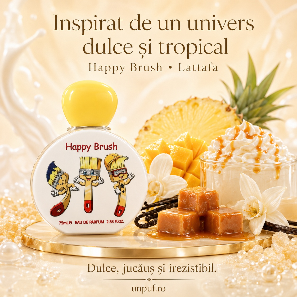 Lattafa Happy Brush inspirat de un univers dulce și tropical, cu fructe, vanilie și caramel